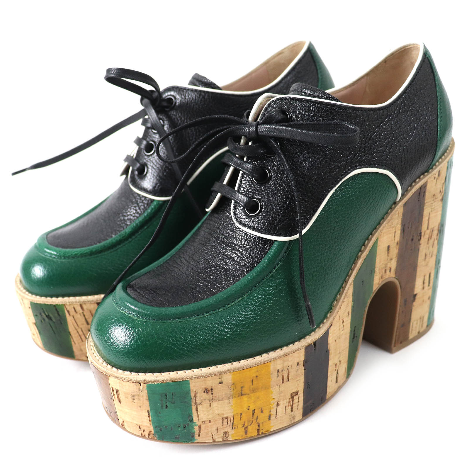 美品△MIUMIU ミュウミュウ ストライプ ウェッジソール 厚底 オックスフォード レザーシューズ グリーン ブラック 37.5 保存袋付き イタリア製 レディース【中古】