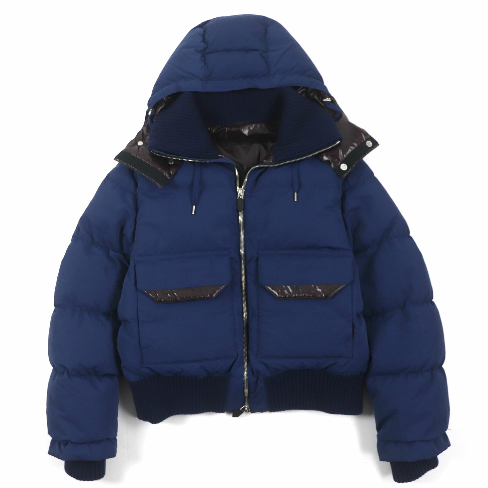 極美品▼HERMES エルメス 23AW セリエボタン フード付き ダブルジップアップ ダウンジャケット ネイビー 46 フランス製 正規品 メンズ【中古】