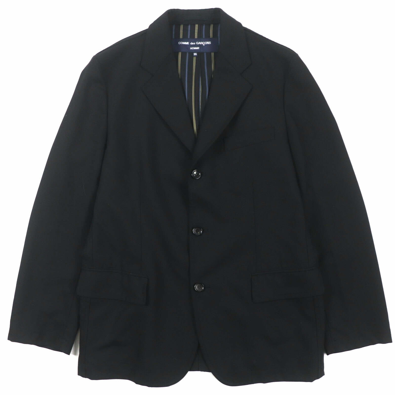 美品▼COMME des GARCONS HOMME コムデギャルソンオム HS-J109 ウール100% ゆったりシルエット 裏地ストライプ柄 シングルジャケット テーラードジャケット ブラック XS 日本製 正規品 メンズ【中古】