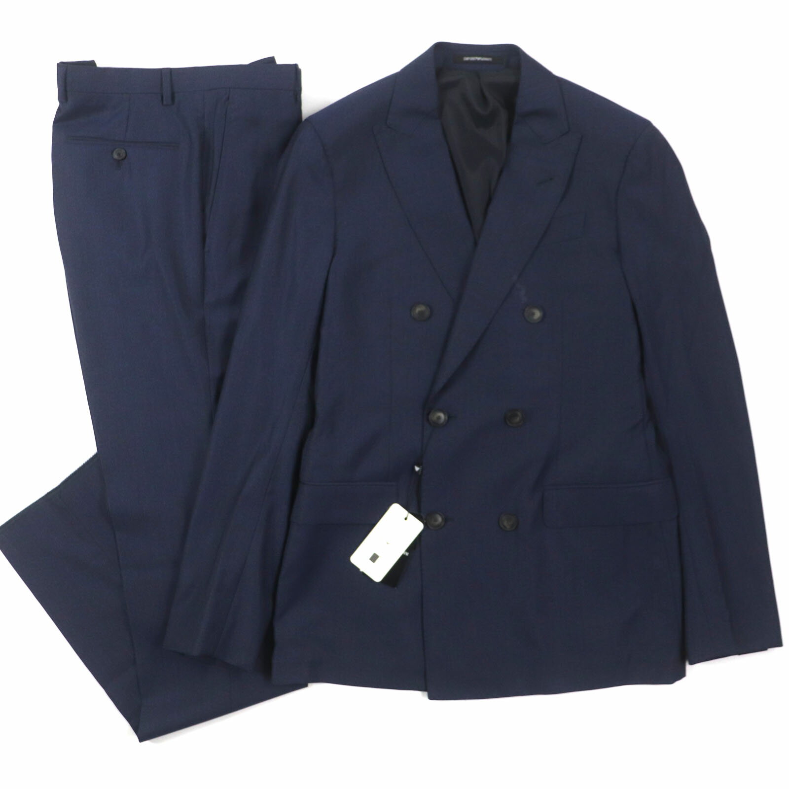 未使用品▼EMPORIO ARMANI エンポリオ アルマーニ 2017年製 TRAVEL ESSENTIAL トラベルエッセンス SARTORIAL DECO ウール100% ダブルブレスト スーツ セットアップ ネイビー 46 保存袋・ハンガー付き ブルガリア製 正規品 メンズ【中古】