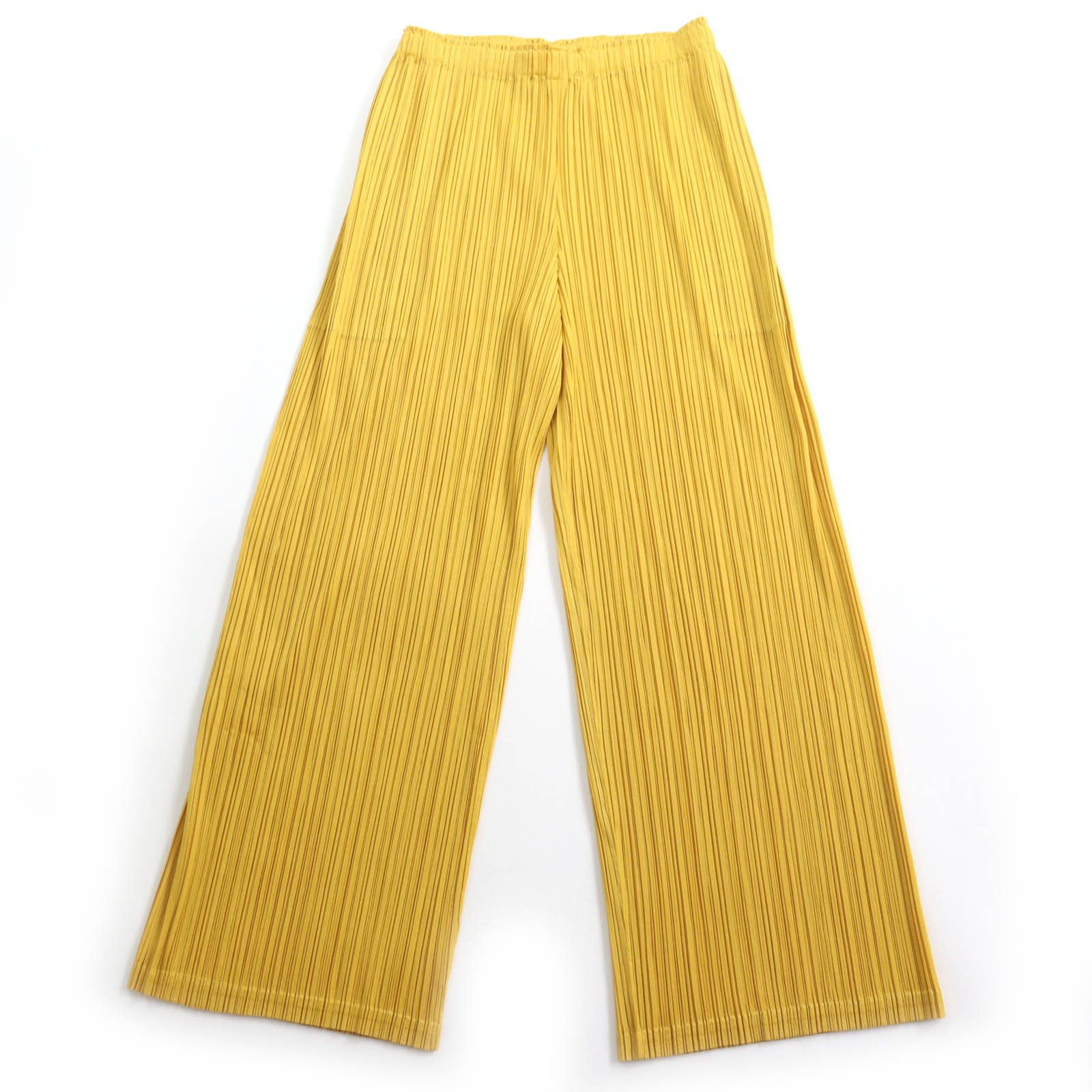 極美品☆PLEATS PLEASE プリーツプリーズ イッセイミヤケ PP01-JF124 ポケット付 ワイドパンツ イエロー 3 日本製 正規品 レディース【中古】