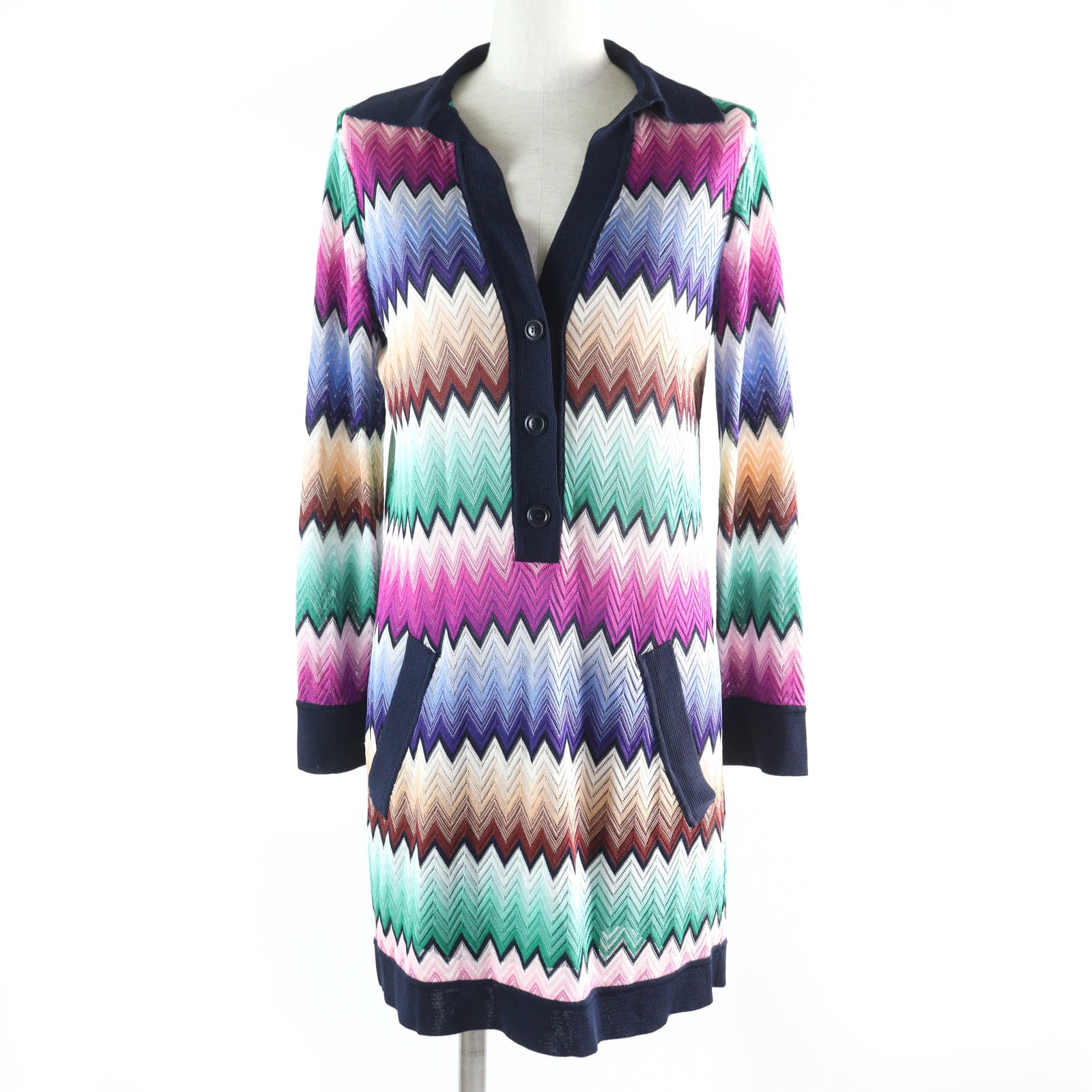 極美品☆Missoni ミッソーニ ジグザグ総柄 長袖 プルオーバー チュニック ワンピース マルチカラー 42 イタリア製 正規品 レディース【中古】