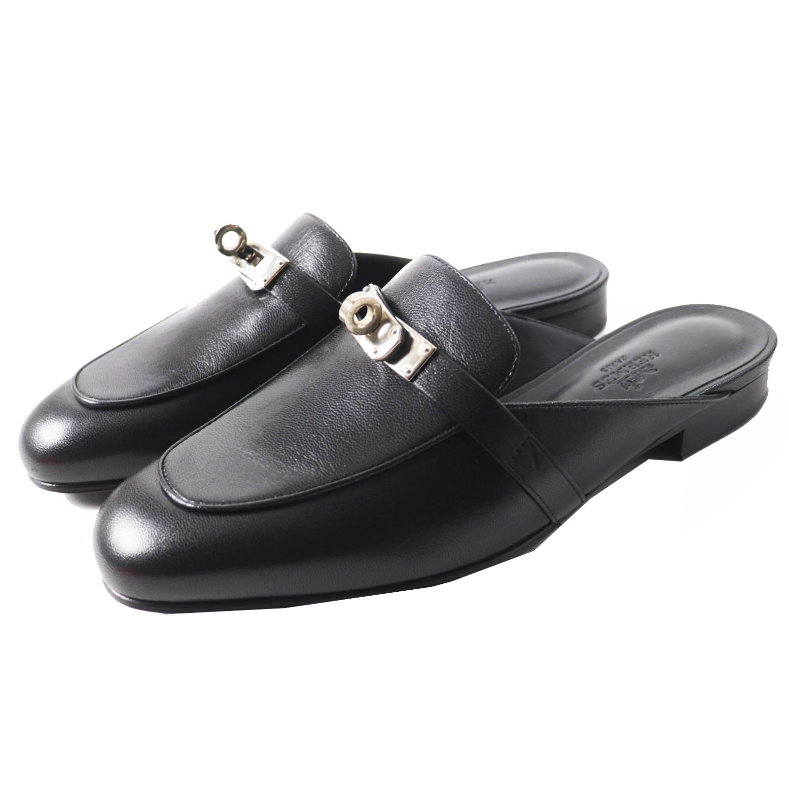 未使用品◎HERMES エルメス オズ シルバー金具 ケリーバックル レザー ミュール／シューズ ブラック 36 箱付き イタリア製 レディース【中古】