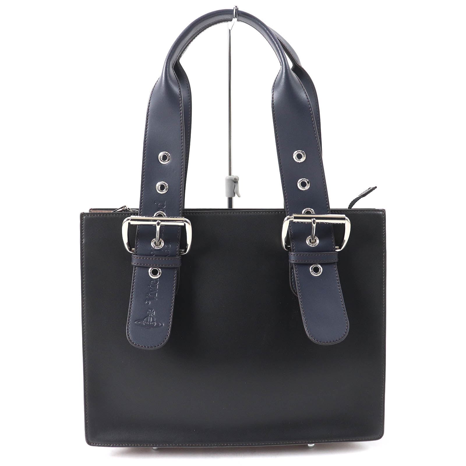 極美品△Vivienne Westwood ヴィヴィアンウエストウッド ACCESSORIES オーブ・ロゴ型押し スクエア レザー ハンドバッグ ブラック ネイビー ブラウン系 イタリア製 レディース【中古】