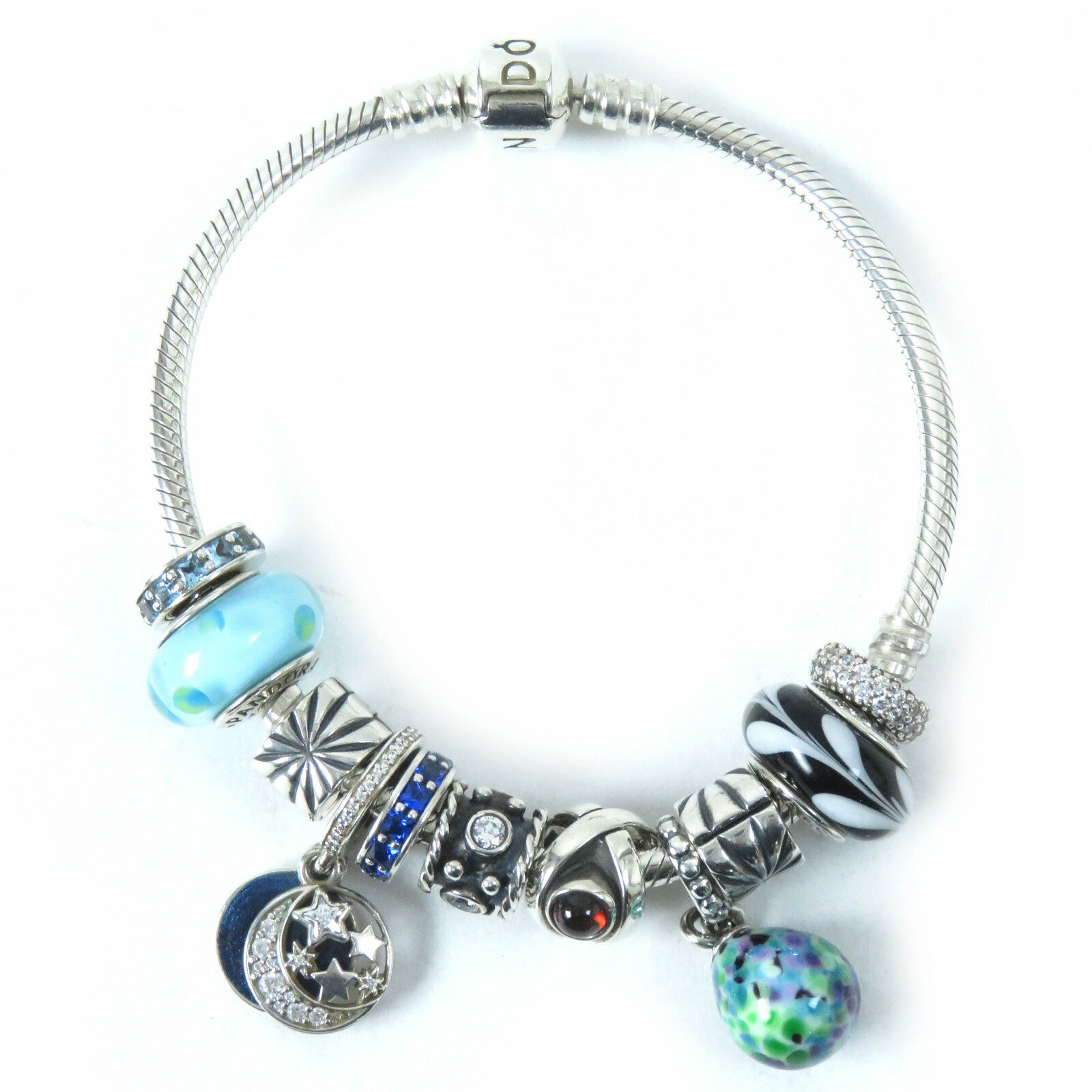 極美品△PANDORA パンドラ スネークチェーン 月と青空のダングルチャーム チャーム11個付き ブレスレット バングル SV925 シルバー マルチカラー 重量36.4g レディース オススメ◎【中古】