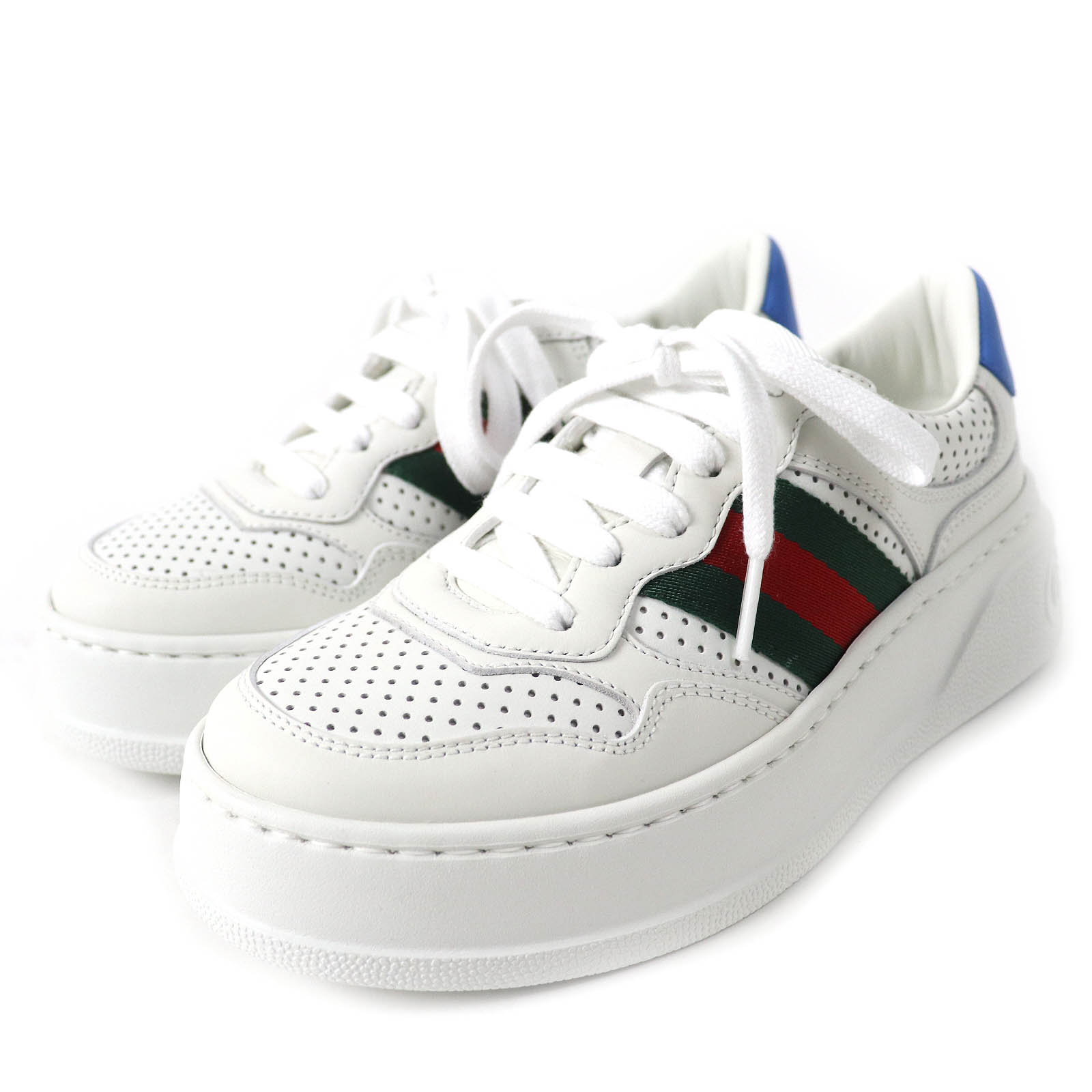 未使用品△GUCCI グッチ 670415 ウェブストライプ GGロゴ レザー ローカットスニーカー ホワイト ブルー グリーン レッド 34.5 箱・保存袋付き イタリア製 レディース 大人気 オススメ◎【中古】