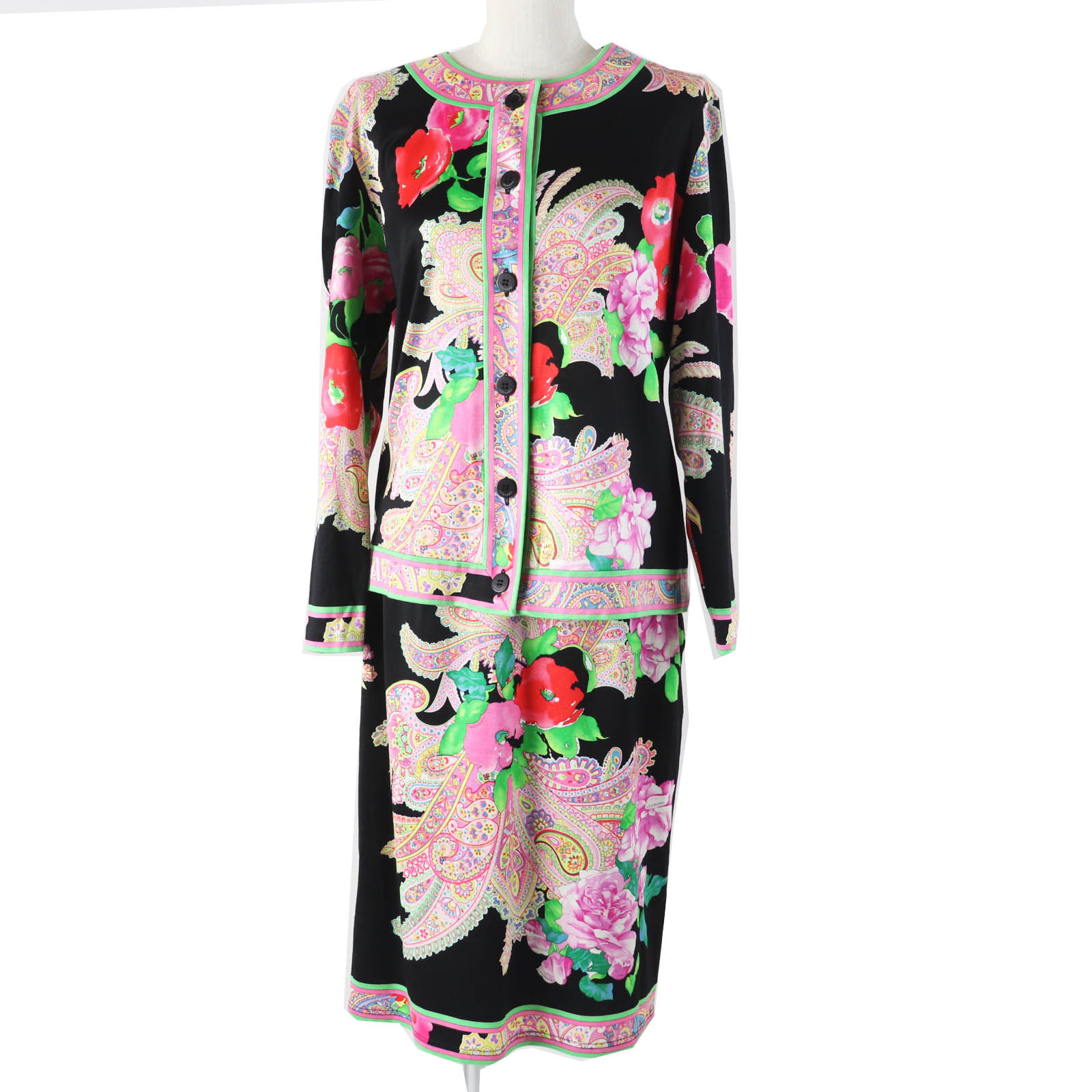 極美品◎LEONARD FASHION レオナール ファッション 0339183 0332102 コットン ペイズリー柄 花柄 プリント カーディガン／スカート セットアップ マルチ ブラック M・70 日本製 正規品 レディース【中古】
