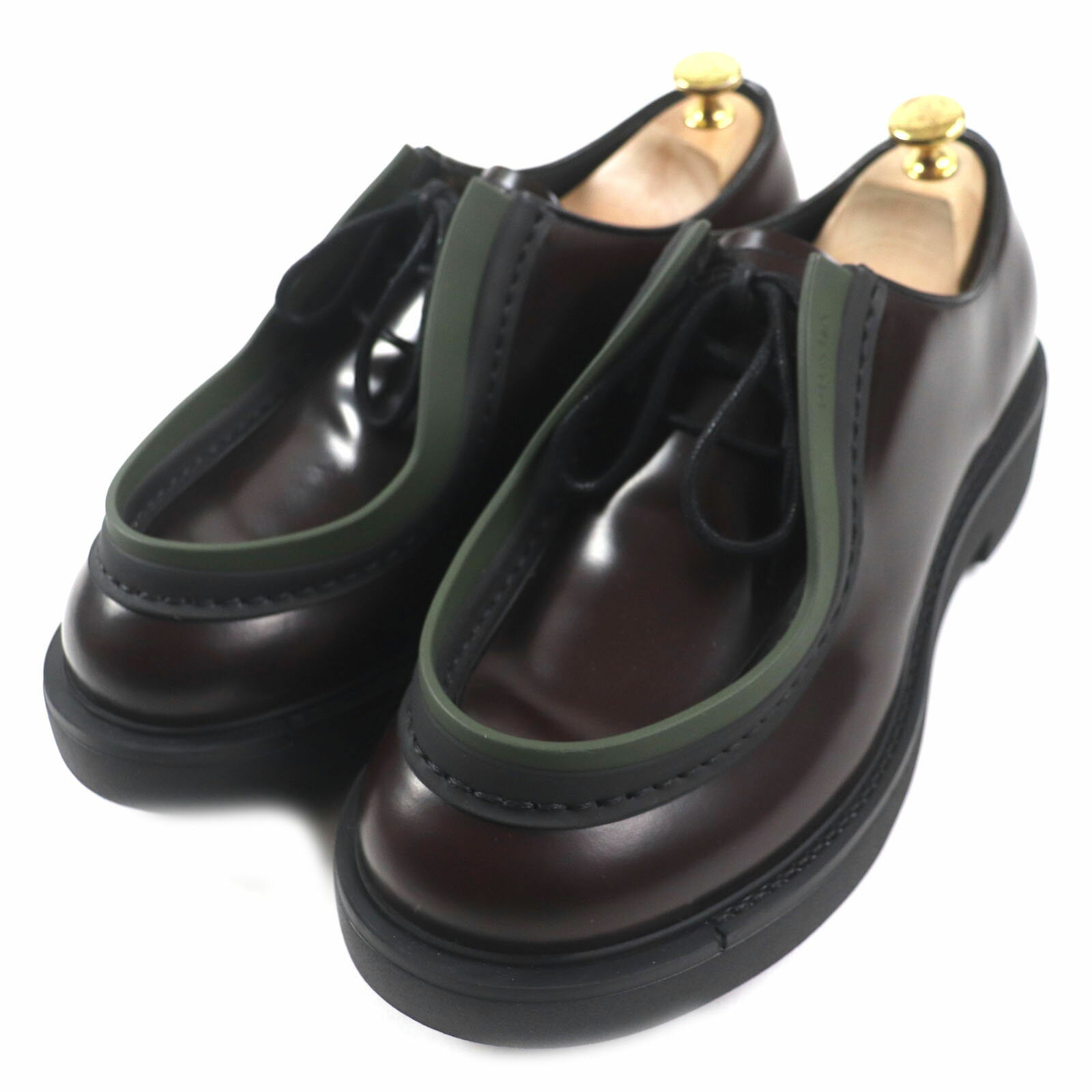 極美品▼PRADA プラダ 2EG421 ダイアパソン オペーク ブラッシュドレザー シューズ ロゴ刻印入り ダークブラウン 8.5 イタリア製 メンズ【中古】
