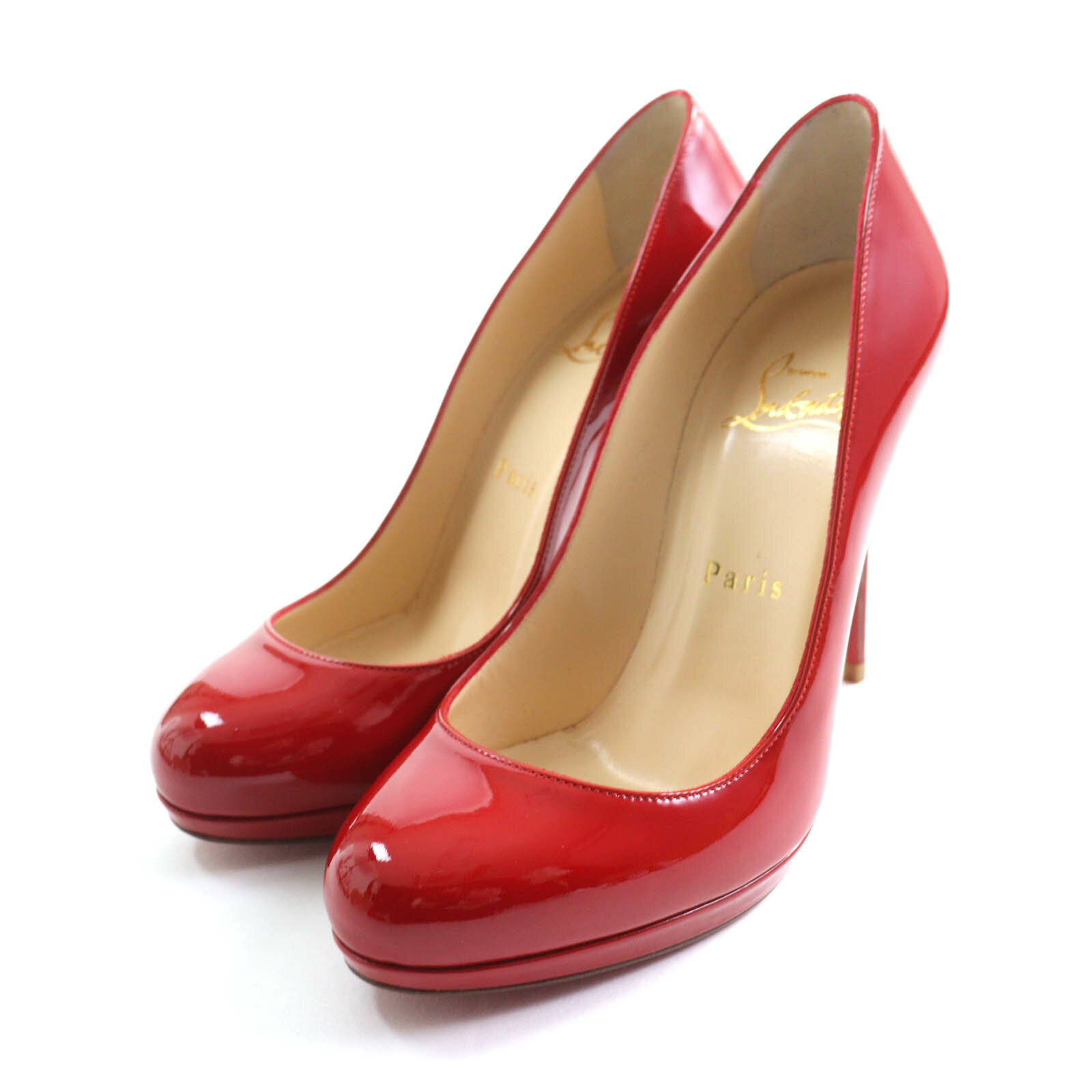 極美品★Christian Louboutin クリスチャンルブタン アーモンドトゥ ピンヒール パテントレザー パンプス レッド 37.5 保存袋付き イタリア製 レディース【中古】