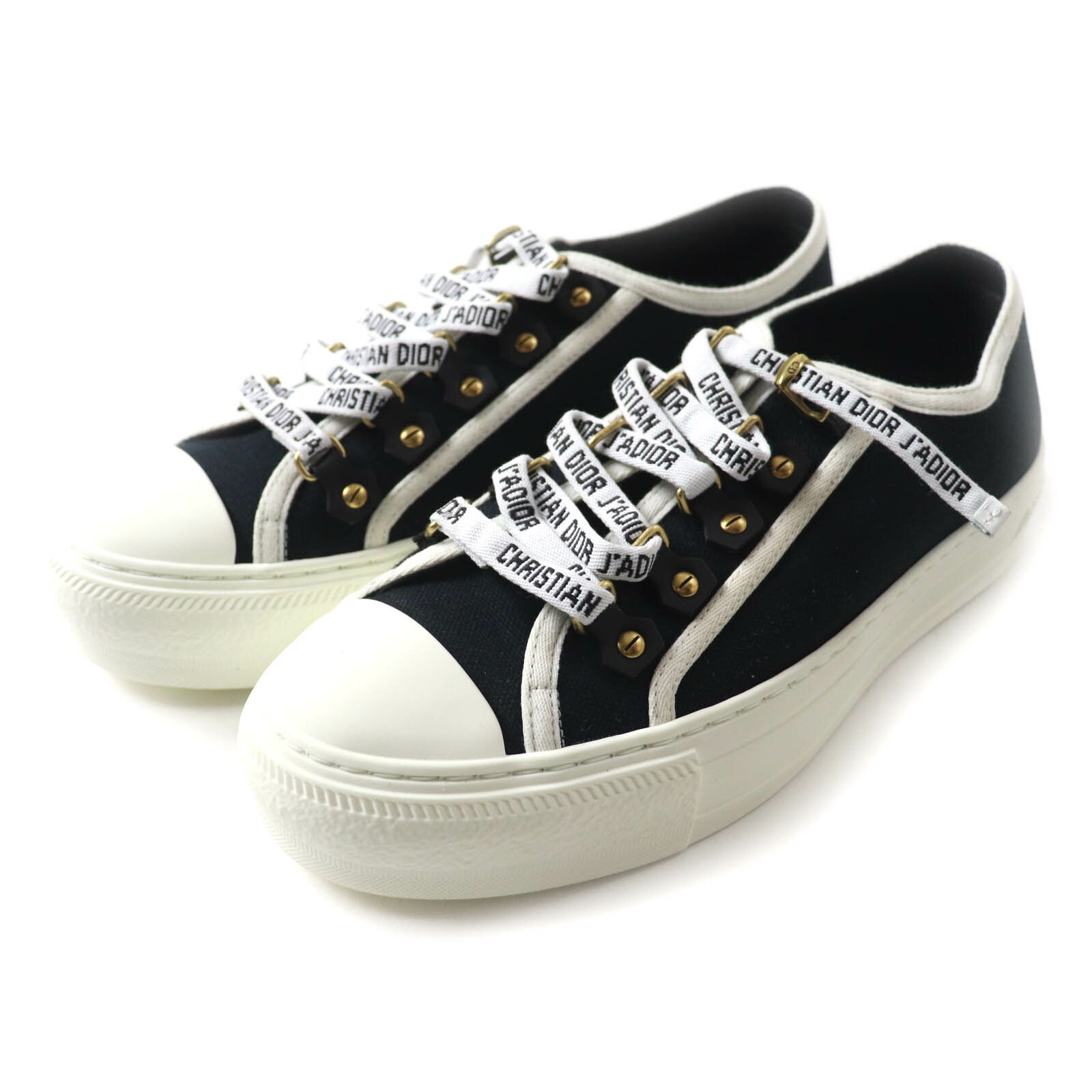 極美品★Christian Dior クリスチャンディオール WALKIN DIOR ロゴデザイン レースアップ キャンバス ローカットスニーカー ブラック ホワイト 36 イタリア製 レディース【中古】