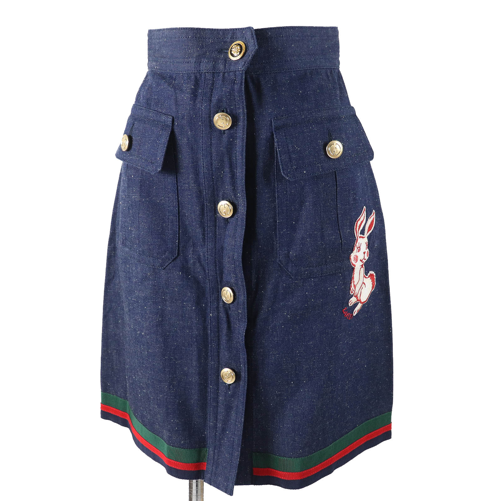 極美品△GUCCI グッチ 521009 コットン100％ ウェブライン GGロゴボタン ラビット刺繍 デニム スカート インディゴブルー 38 イタリア製 正規品 レディース オススメ◎【中古】