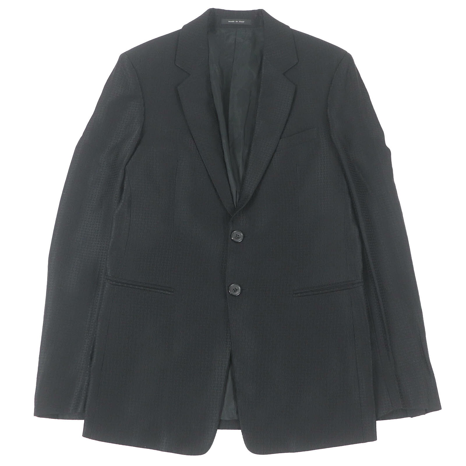 美品□EMPORIO ARMANI エンポリオ アルマーニ ウール 黒タグ 総柄 シングル テーラードジャケット ブレザー ブラック 46 イタリア製 正規品 メンズ【中古】