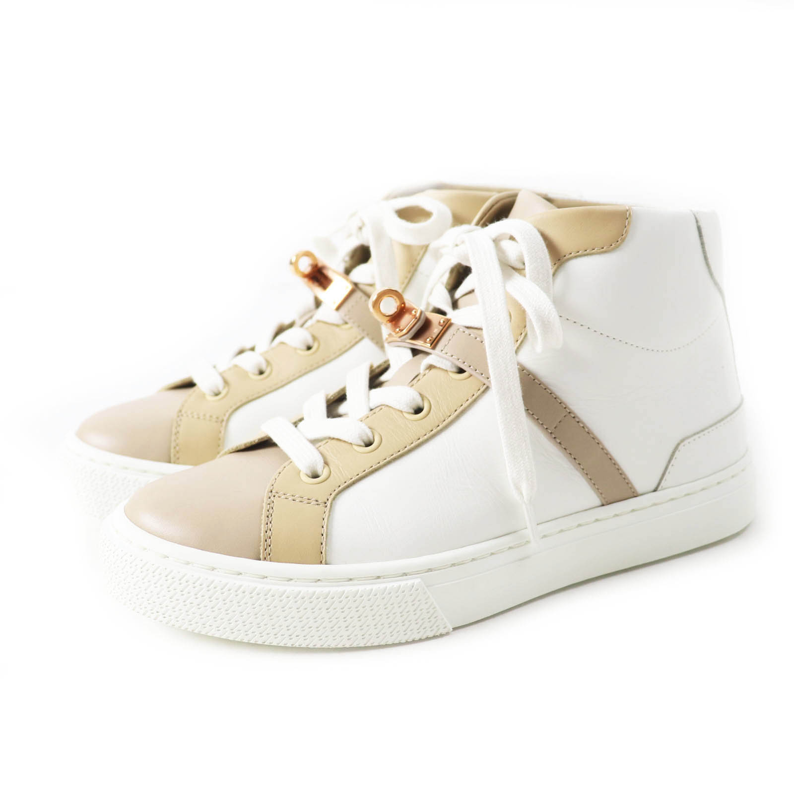 極美品◎HERMES エルメス Daydream デイドリーム ゴールド金具 ケリーバックル レザー ハイカットスニーカー ホワイト ベージュ 35.5 箱・保存袋付き イタリア製 レディース【中古】