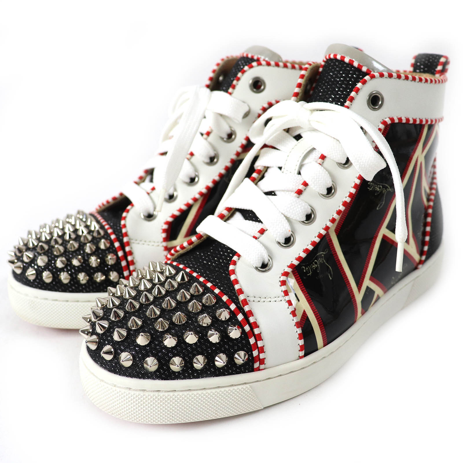 極美品△Christian Louboutin クリスチャンルブタン LOU SPIKES ORLATO FLAT スパイクスタッズ レザ使いー ハイカットスニーカー ブラック レッド ホワイト 35 保存袋付き イタリア製 レディース オススメ◎【中古】