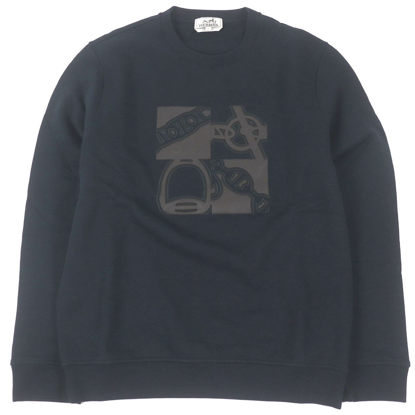 未使用品□HERMES エルメス H467810HA01SM メタルリー・オ・カレ ラムレザーパッチ ラウンドネックスウェット トレーナー マリン イタリア製 正規品 メンズ【中古】