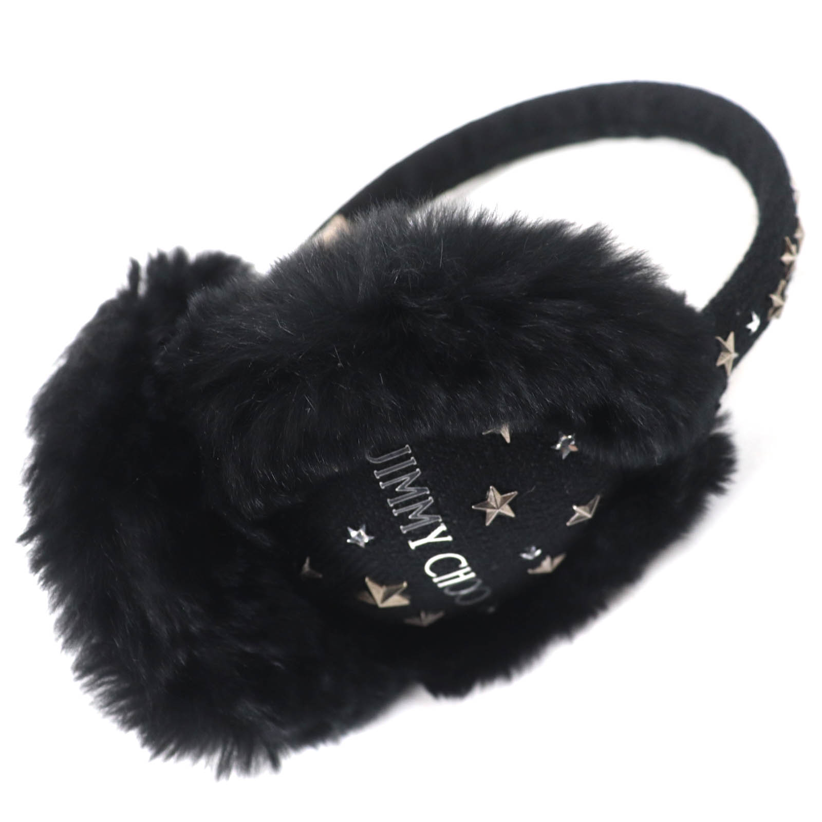 美品△JIMMY CHOO ジミーチュウ スタースタッズ ロゴ入り エコファー 耳当て イヤーウォーマー イヤーマフ ブラック 正規品 レディース【中古】