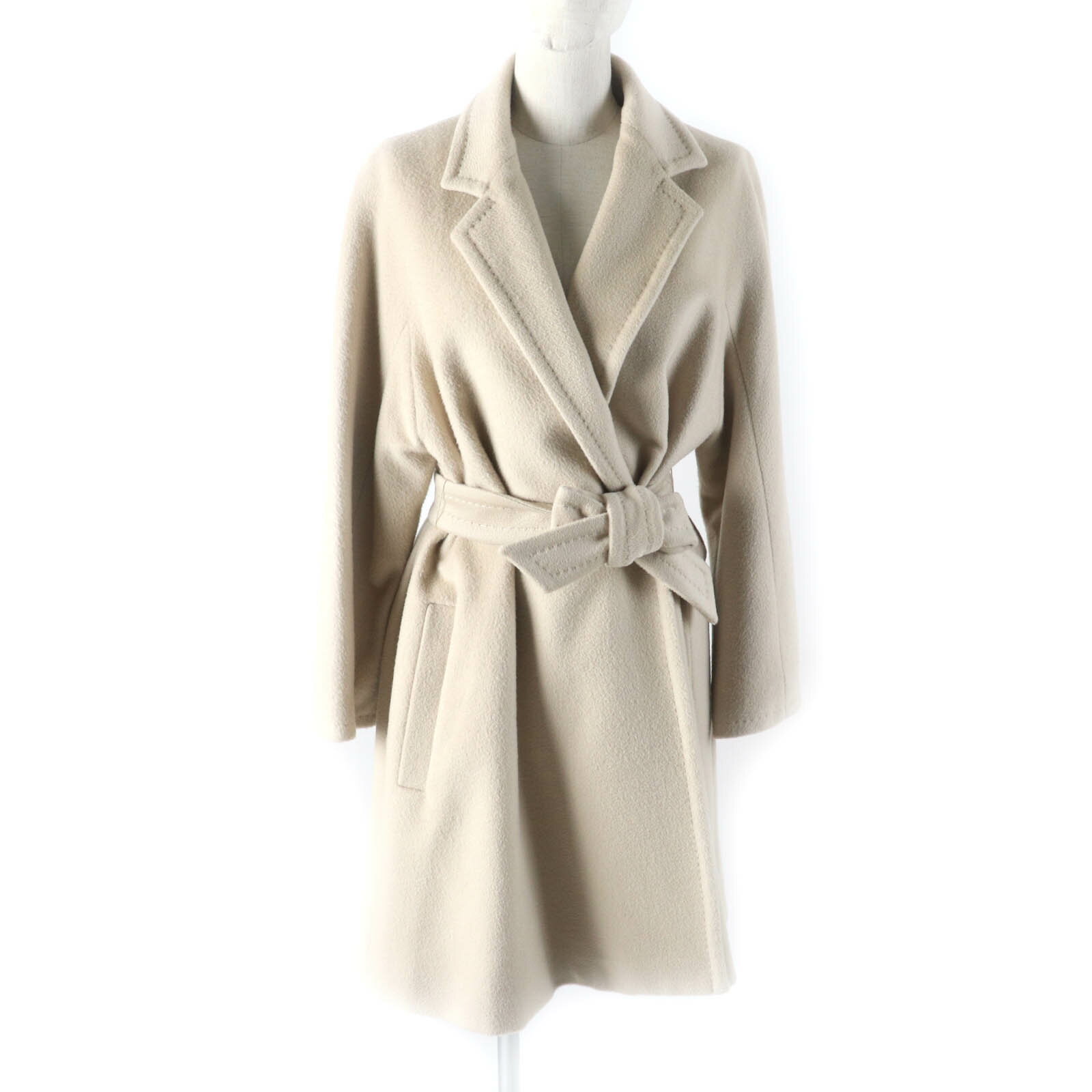 極美品★Max Mara マックスマーラ 101606936 アルパカ混 白タグ ベルト付 ラップコート ベージュ 40 イタリア製 正規品 レディース【中古】