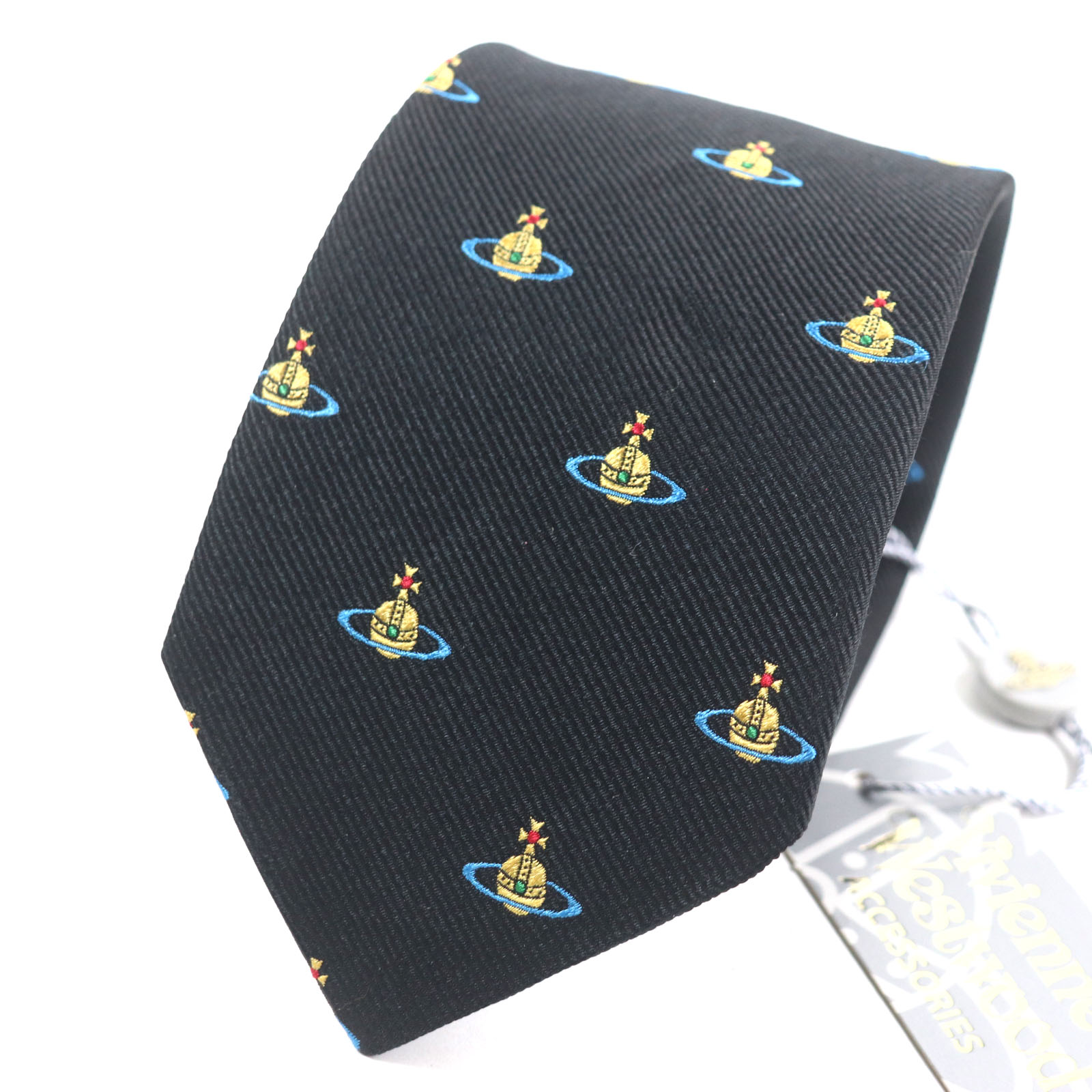 未使用品▼Vivienne Westwood ACCESSORIES ヴィヴィアンウエストウッド アクセサリー シルク100% クラヴァット オーブ刺繍 ネクタイ ブラック イタリア製 メンズ【中古】