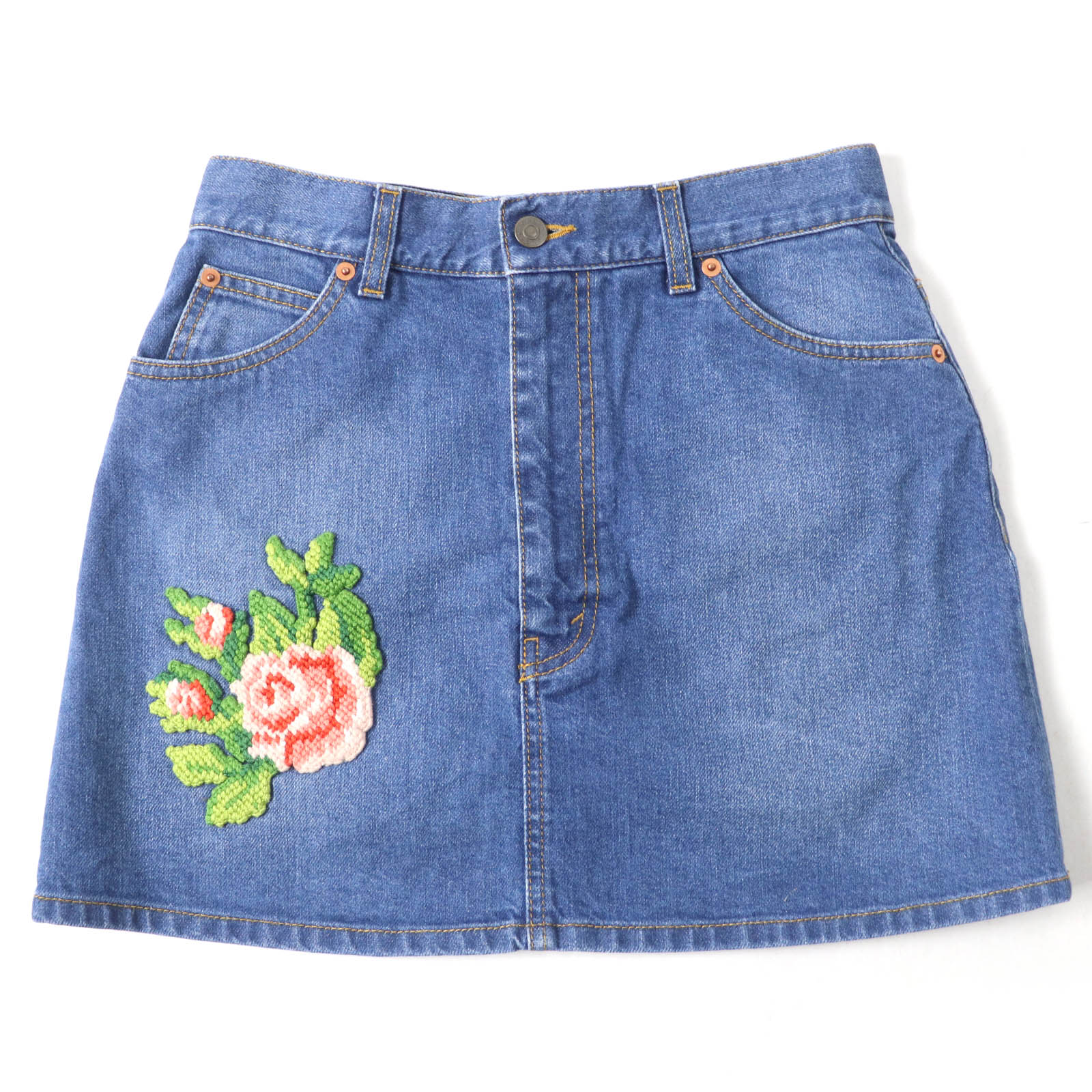 極美品☆GUCCI グッチ 456973 コットン100％ フラワー刺繍入り デニムスカート ミニスカート インディゴ 42 イタリア製 正規品 レディース【中古】
