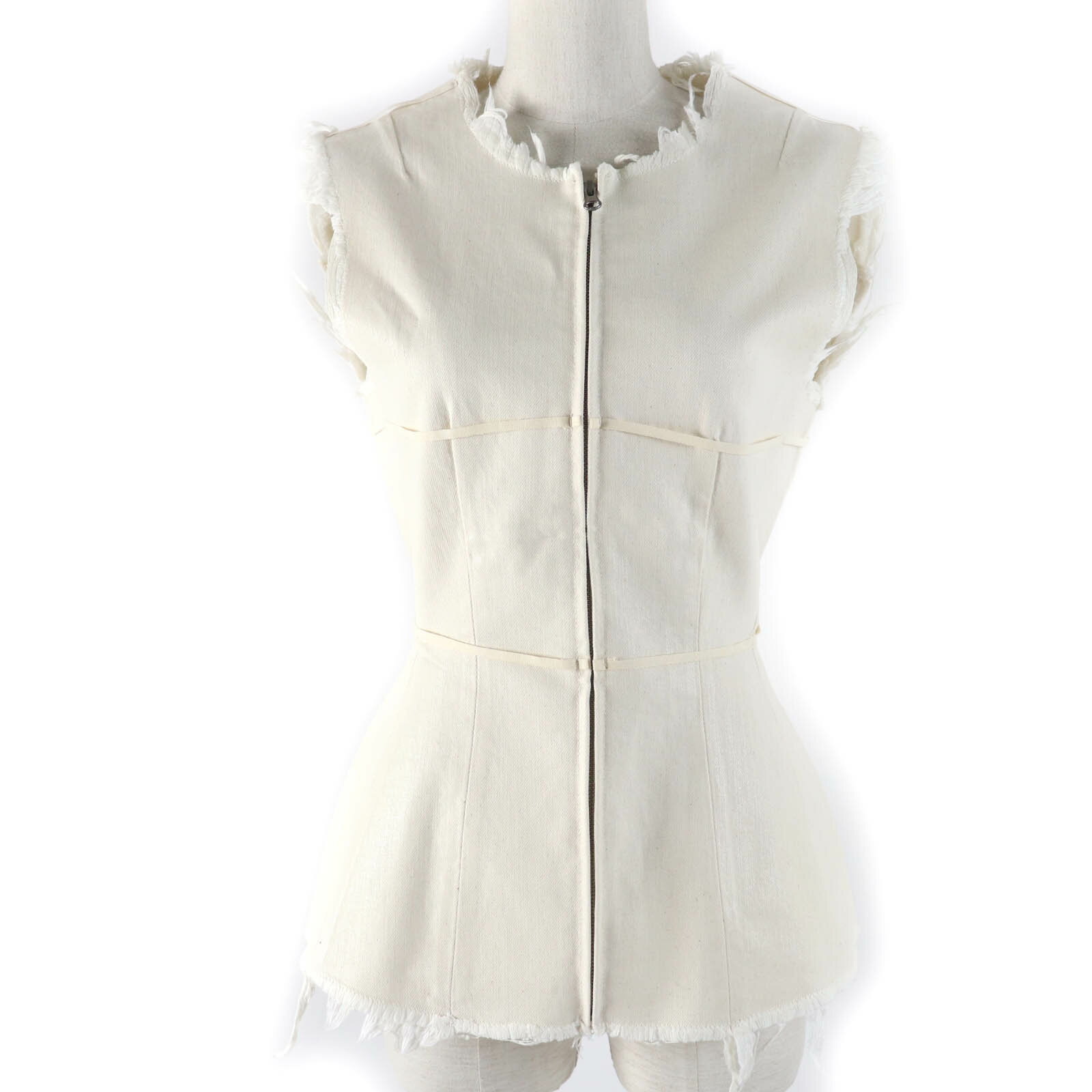 未使用品☆MM6 Maison Margiela エムエムシックス メゾンマルジェラ 2022年製 S62NC0098 コットン カットオフデザイン コーティング加工 デニム ZIP ベスト アイボリー 38 イタリア製 正規品 レディース【中古】