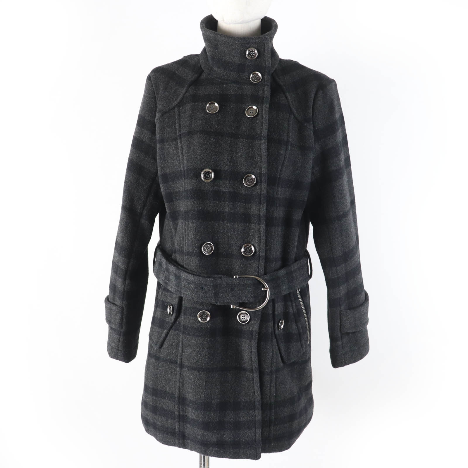 美品☆BURBERRY LONDON バーバリーロンドン ウール カシミヤ混 チェック柄 ベルト付 チェスターコート ダークグレー 40 正規品 レディース【中古】
