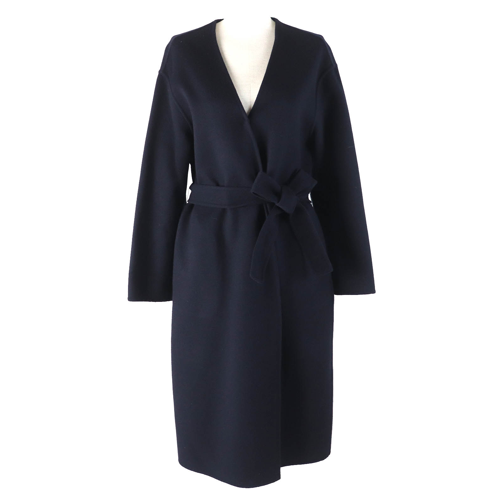 極美品△theory セオリー 1309604 LUXE NEW DIVIDE COLLARLESS COAT ウール カシミヤ ノーカラー ベルテッドコート ラップコート コート ダークネービー S 正規品 レディース オススメ◎【中古】