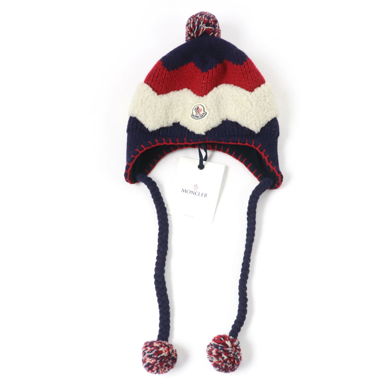 未使用品☆MONCLER モンクレール BERRETTO ウール100％ ロゴワッペン・梵天付 ニットキャップ マルチカラー イタリア製 国内正規品 レディース【中古】