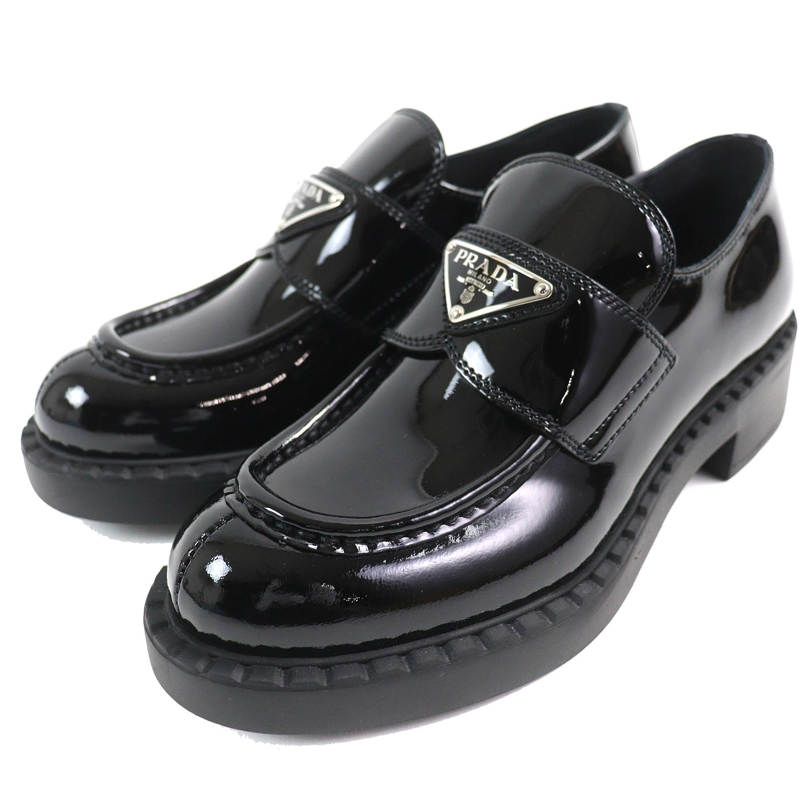 未使用品△PRADA プラダ 1D246M チョコレート トライアングルロゴ パテントレザー ローファー ブラック 34.5 箱・保存袋付き イタリア製 レディース 大人気 オススメ◎【中古】