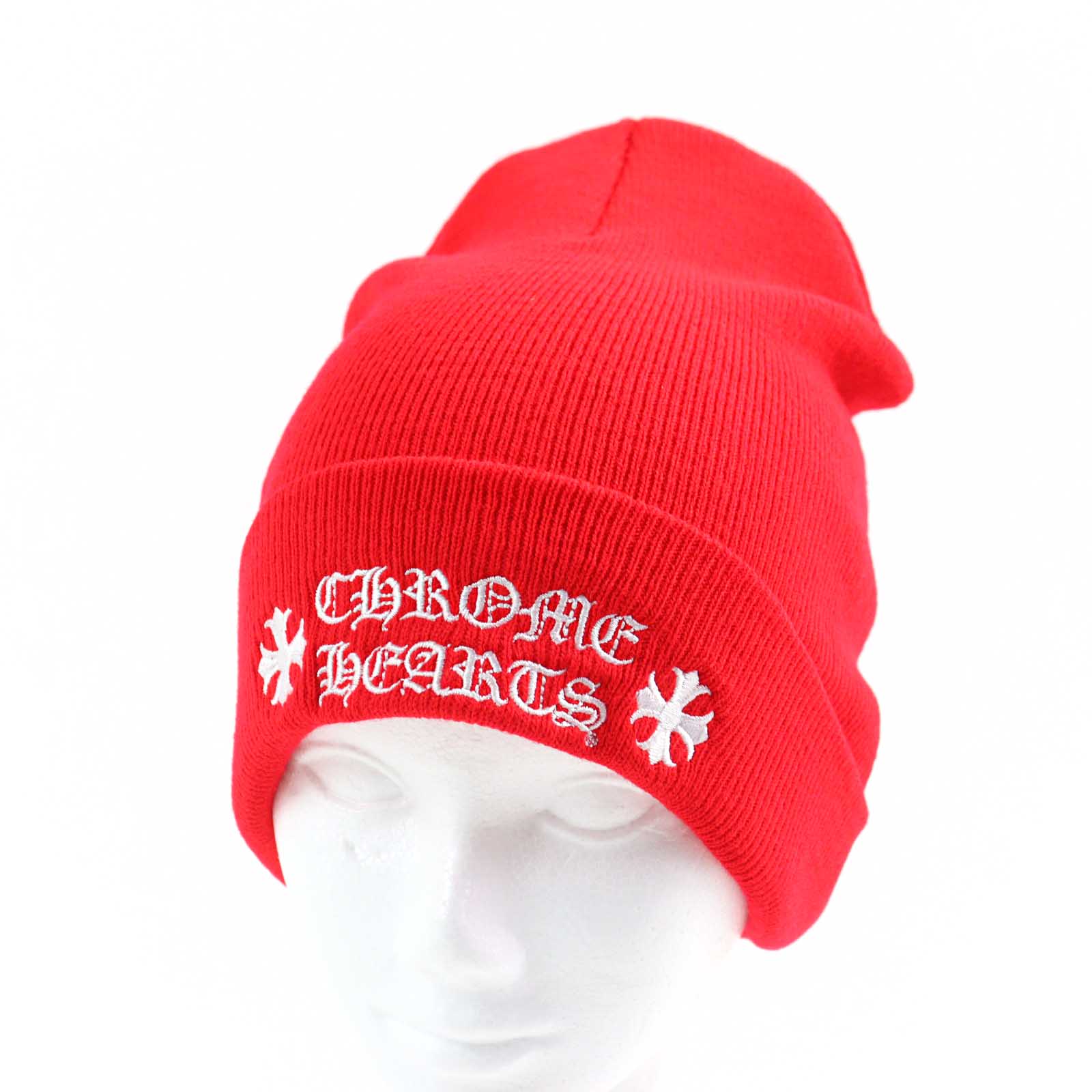 極美品○CHROME HEARTS クロムハーツ 304053702 WATCH CAP ワッチキャップ ロゴ刺繍 ニット帽 ビーニー ニットキャップ レッド ホワイト ONE SIZE(23cm) USA製 正規品 ユニセックス【中古】