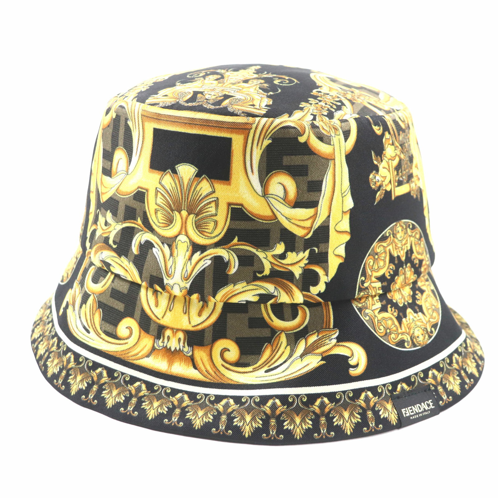 極美品▼FENDI VERSACE フェンディ ヴェルサーチ FXQ698 総柄 ズッカ柄 FFロゴ リバーシブル シルク100% 帽子 バケットハット ブラック イエロー ブラウン M イタリア製 正規品 メンズ【中古】