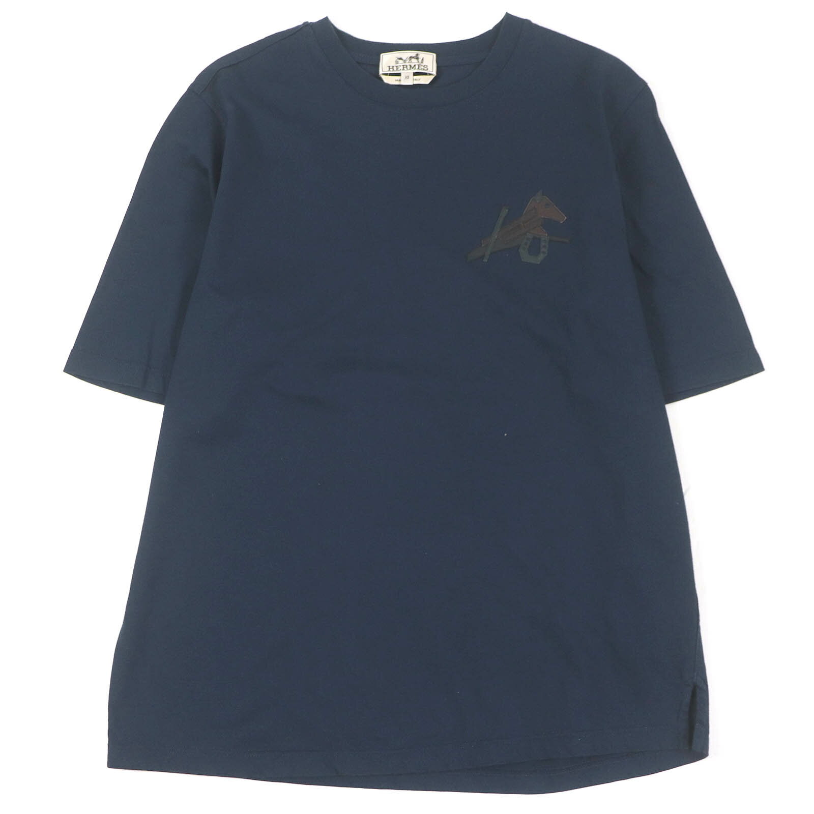美品□HERMES エルメス 22SS パズル・エスケトル コットン 羊革 クルーネック 半袖Tシャツ カットソー ネイビー XS イタリア製 正規品 メンズ【中古】