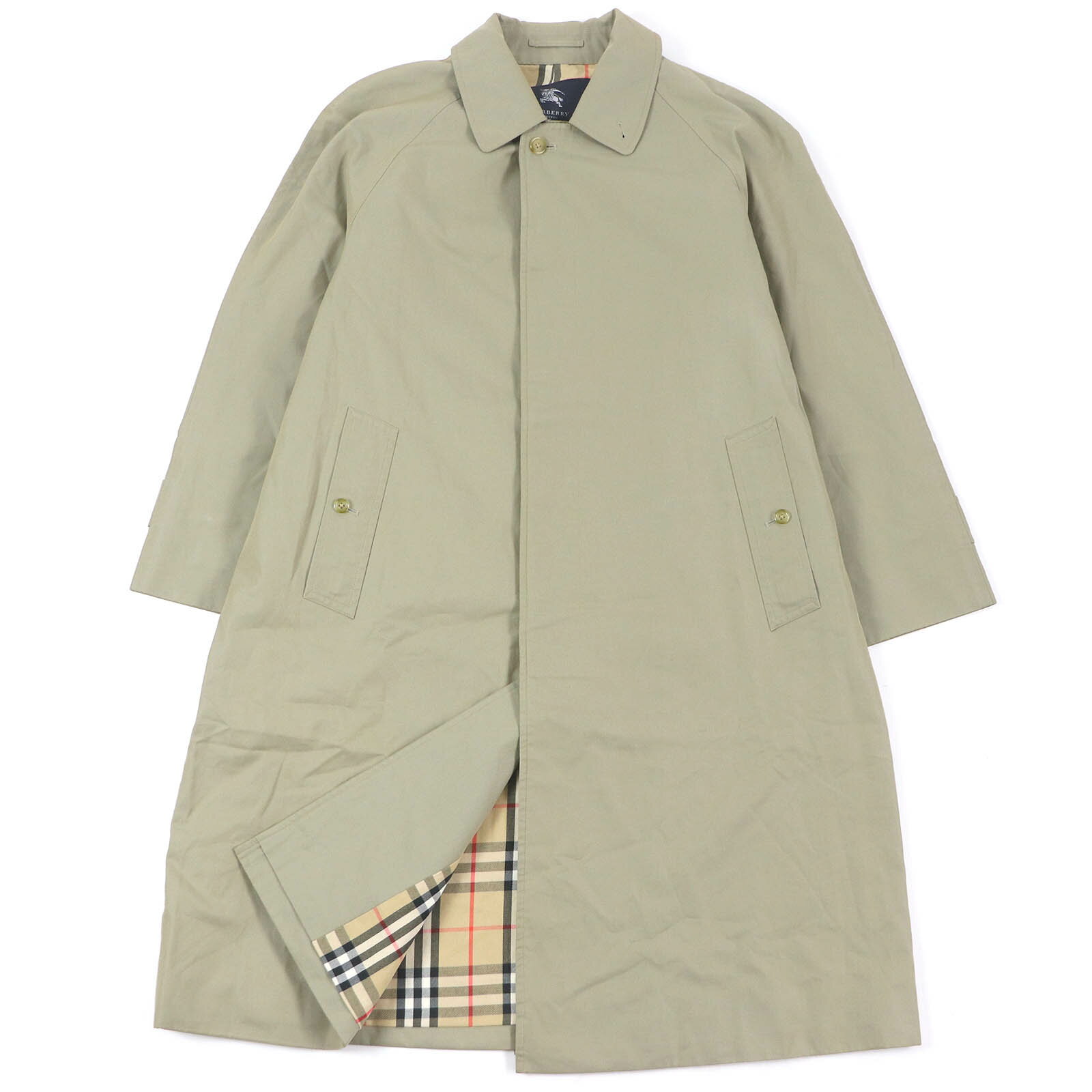 極美品□BURBERRY LONDON バーバリーロンドン 裏ノバチェック柄 フライフロント ステンカラーコート カーキ 94-175-6 日本製 正規品 メンズ【中古】
