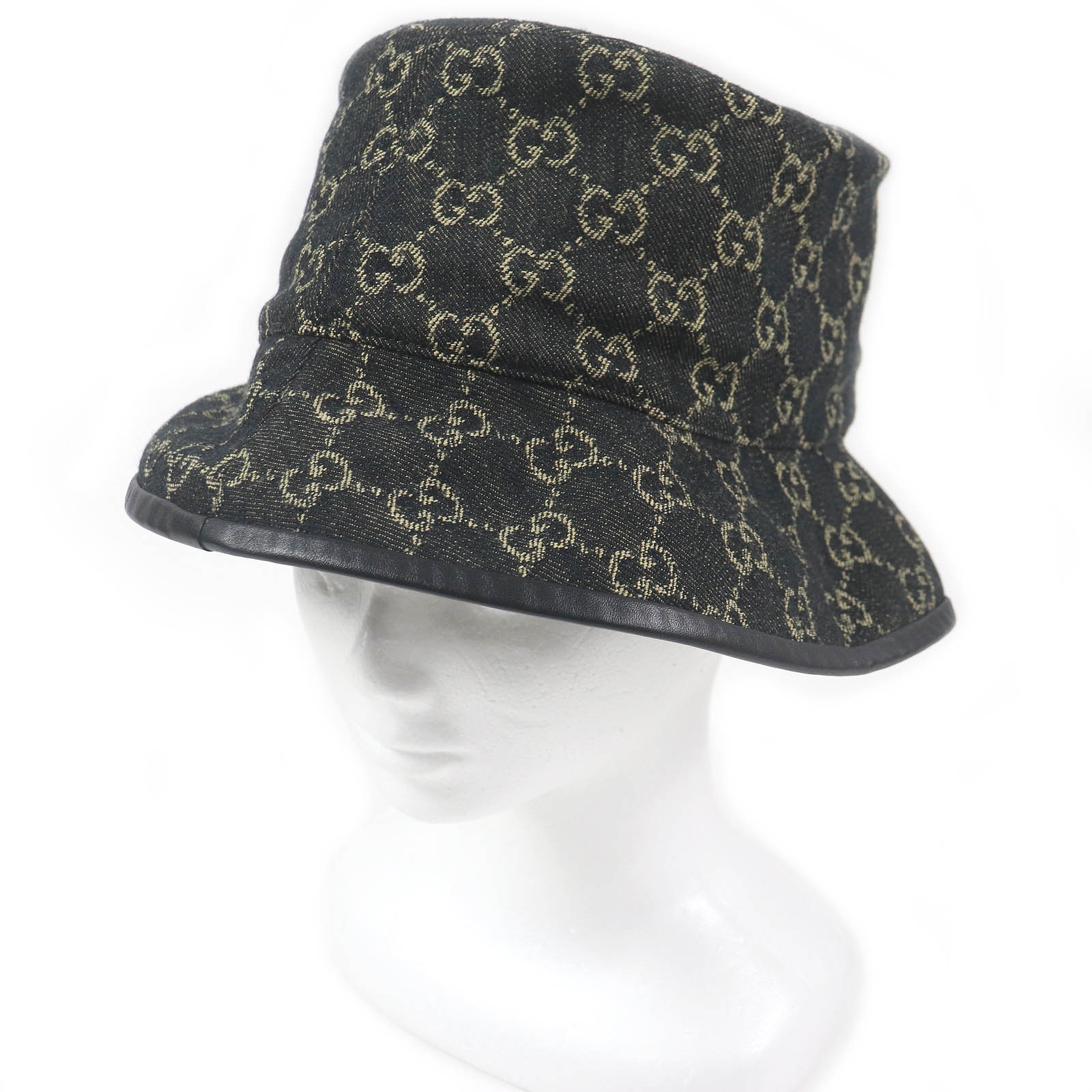 極美品□GUCCI グッチ 576371 コットン GGロゴ総柄 レザーパイピング デニムバケットハット ブラック L 保存袋付き イタリア製 正規品 メンズ【中古】