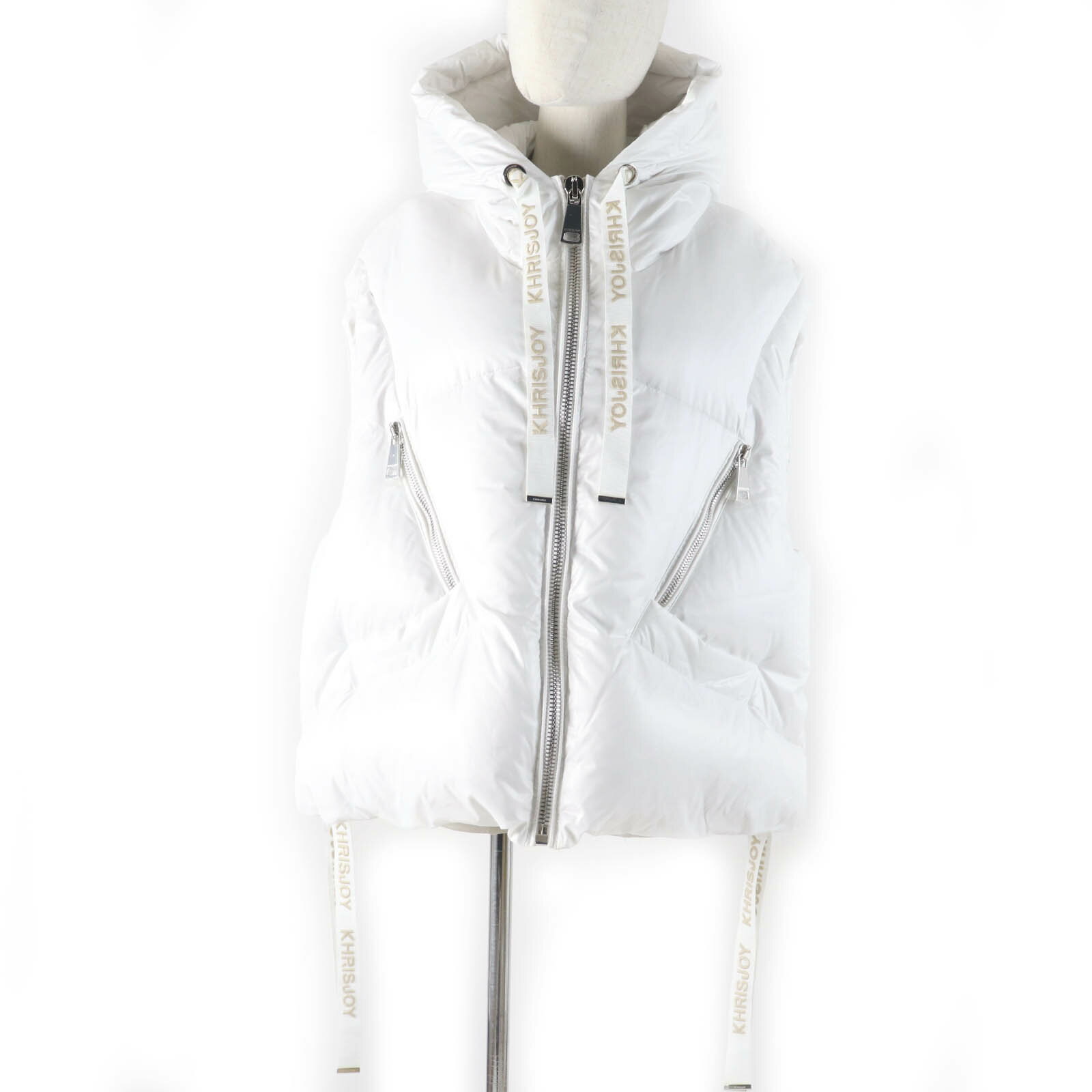 未使用品☆KHRISJOY クリスジョイ ロゴテープ オーバーサイズ フード付 ZIP UP ダウンベスト ホワイト （レディース約M～Lサイズ相当） ハンガー・ガーメント付き イタリア製 レディース【中古】