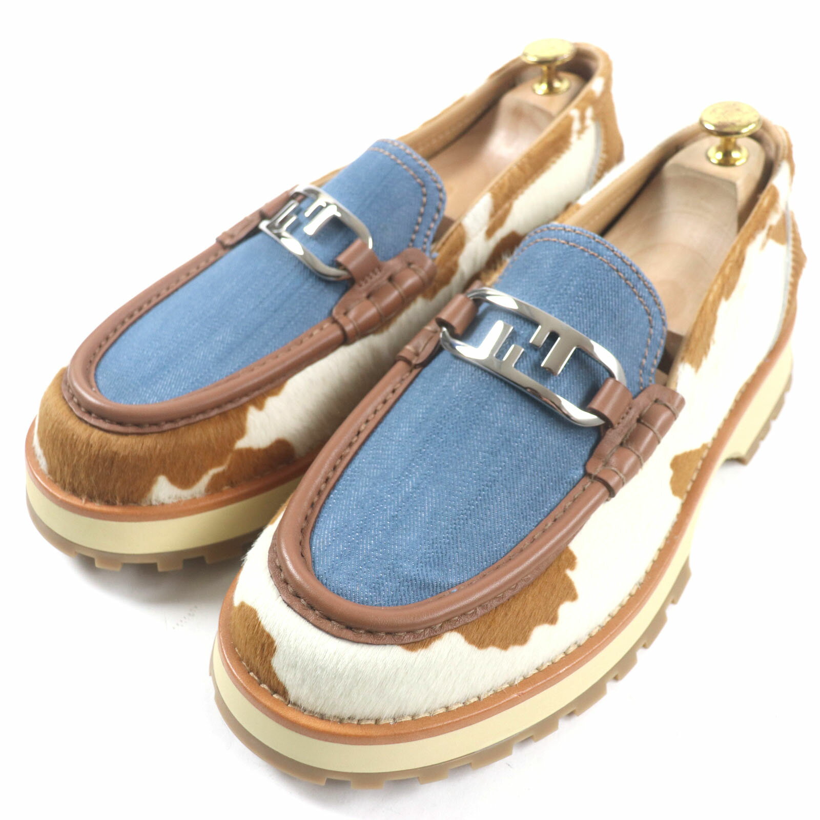 未使用品▼FENDI フェンディ 7D1581 オーロック FFロゴプレート ハラコ デニム レザーローファー ブラウン ホワイト ブルー シルバー金具 7 イタリア製 メンズ【中古】