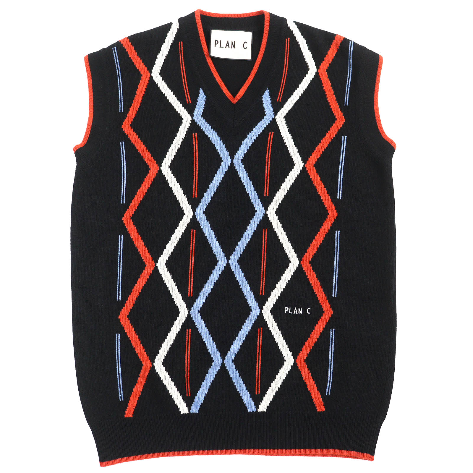 美品△Plan C プランシー GLCME01G00FW009 Rhombus Intarsia ウール カシミヤ ロゴ刺繍 総柄 Vネック ニット ベスト ブラック オレンジ ブルー ホワイト 38 イタリア製 正規品 メンズ【中古】