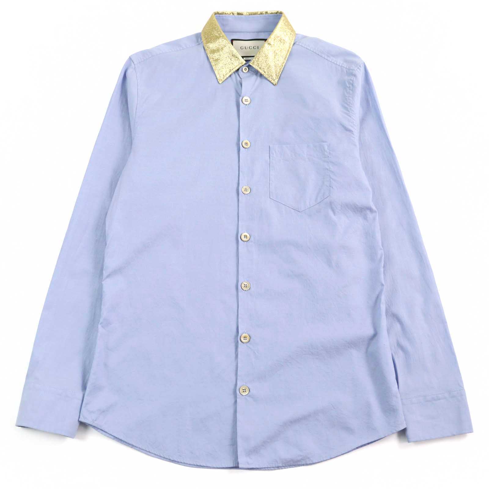 極美品○GUCCI グッチ 521946 コットン100% ロゴボタン 襟切替 シルク使い 長袖シャツ ブルー ゴールド 41/16 イタリア製 正規品 メンズ【中古】