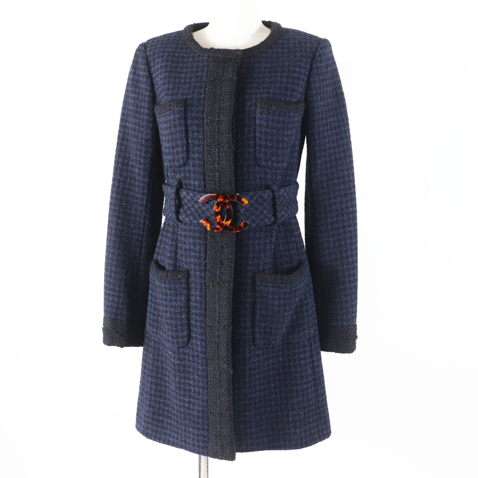 極美品◎CHANEL シャネル P57229 BIGココバッグルベルト付き ロングコート ブラック ネイビー 34 フランス製 正規品 レディース【中古】