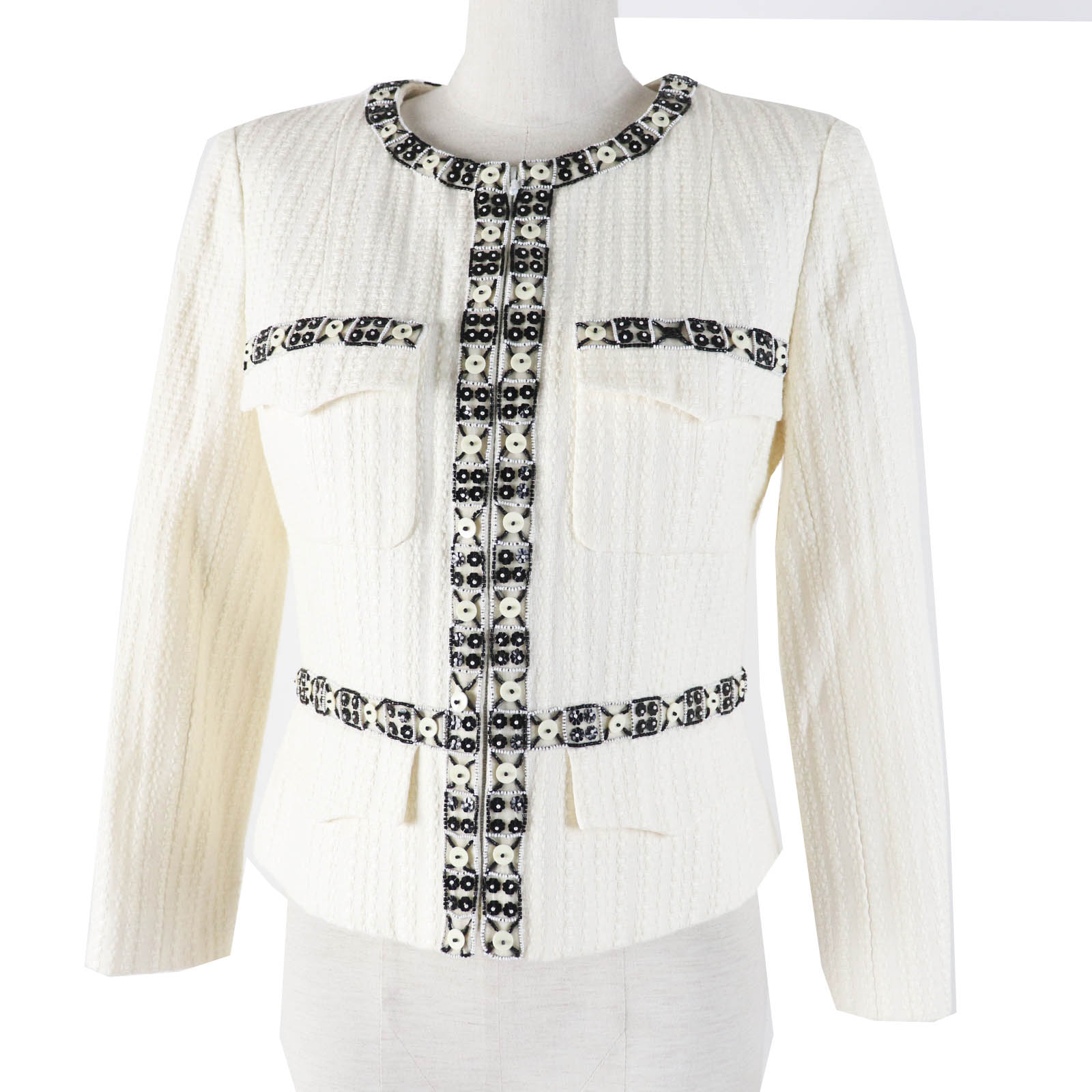 極美品◎CHANEL シャネル 03P P21247 コットン リネン混 ココマーク・ビース装飾 ノーカラー 単色ツイード ジャケット アイボリー ブラック 38 フランス製 レディース【中古】