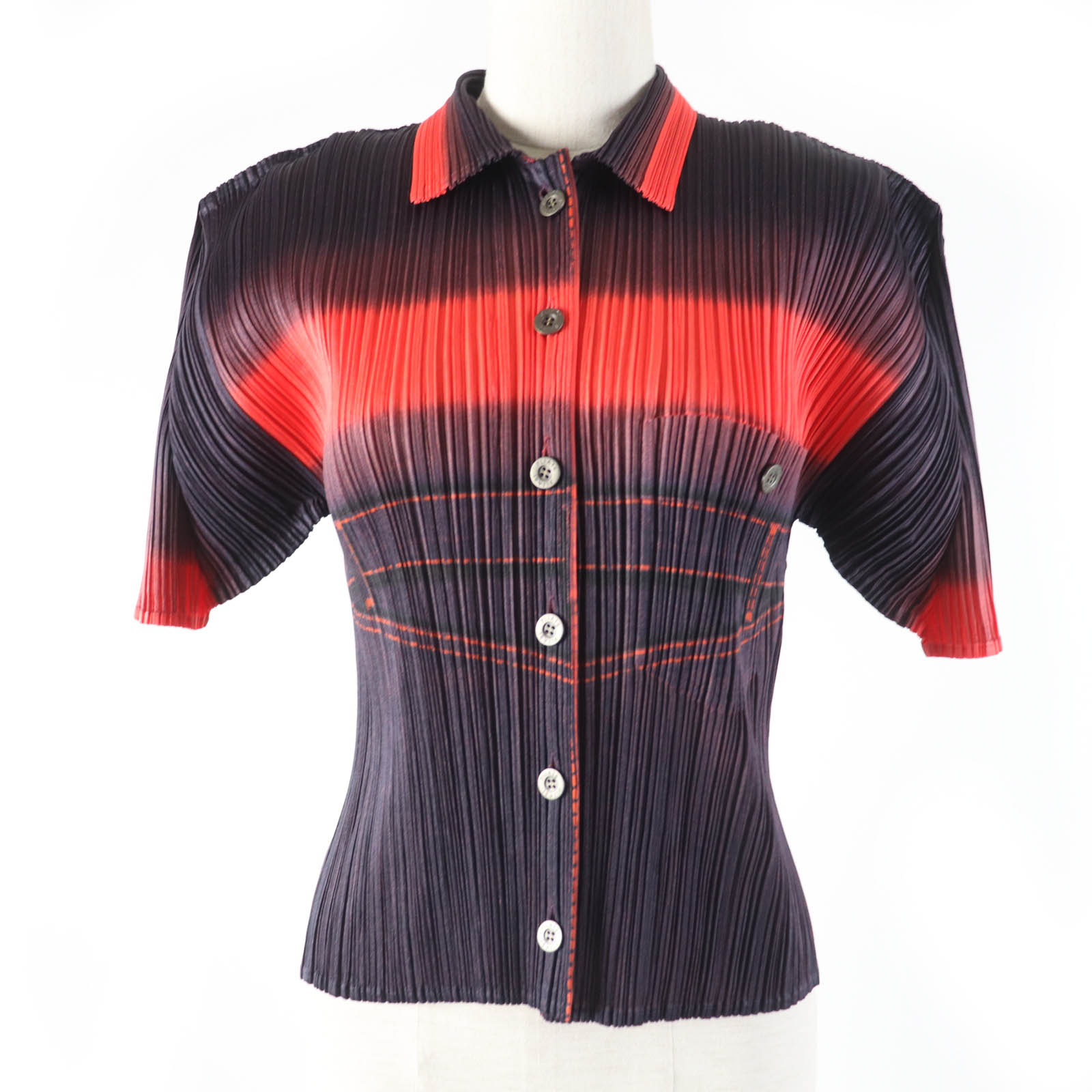 極美品☆PLEATS PLEASE プリーツプリーズ イッセイミヤケ PP22-JJ894 転写プリント グラデーション 半袖 カットソー トップス オレンジ系 3 日本製 正規品 レディース【中古】