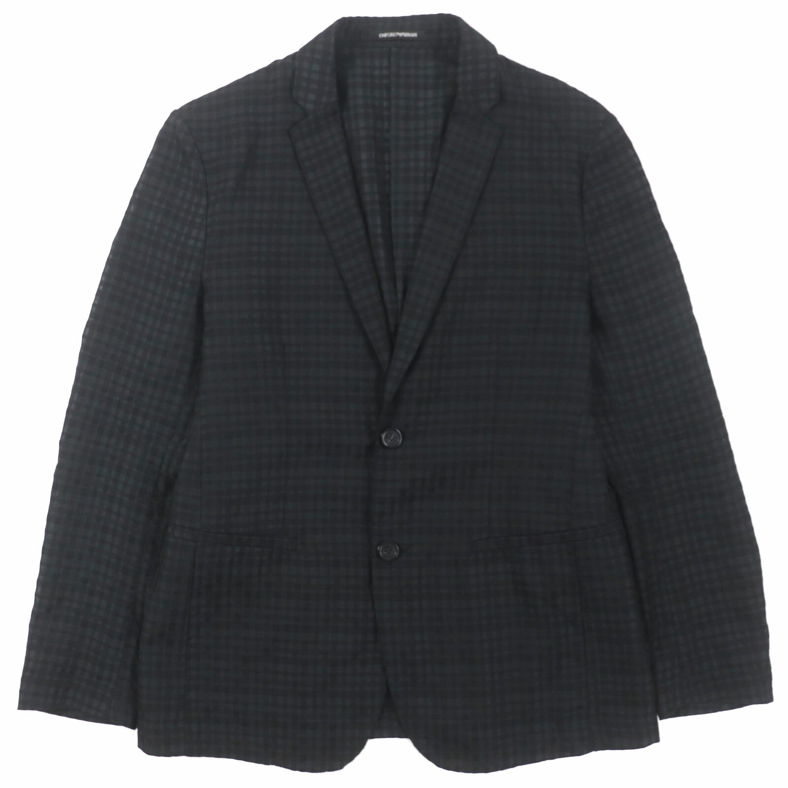 美品▼EMPORIO ARMANI エンポリオ アルマーニ 2021年製 シルク混 黒タグ チェック柄 ロゴ入りボタン シングルジャケット アンコン テーラードジャケット ブラック 46 イタリア製 正規品 メンズ【中古】