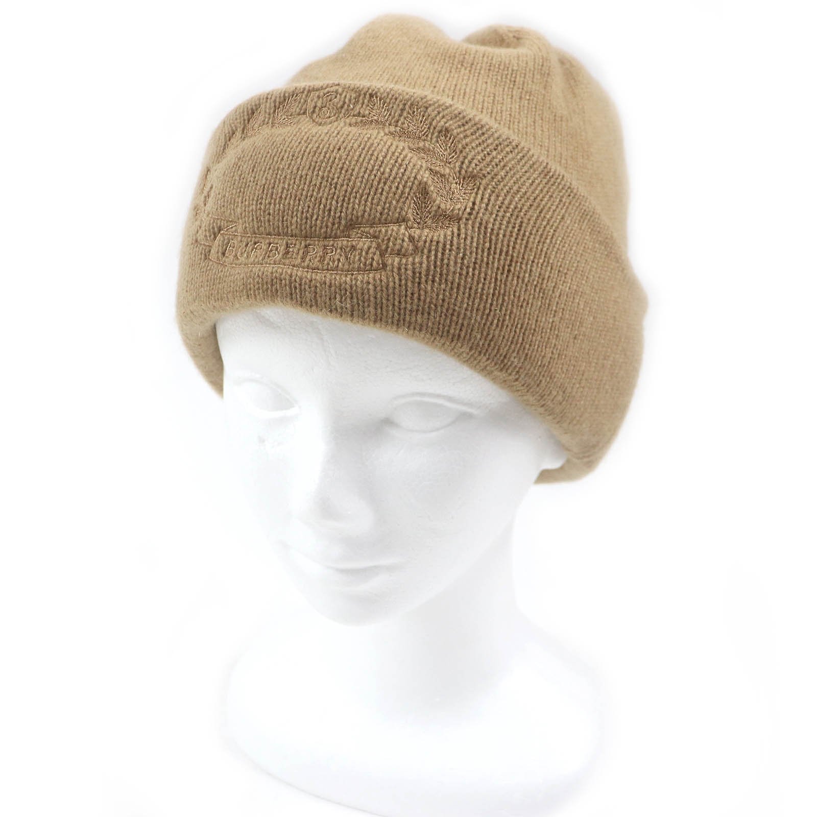 美品□BURBERRY バーバリー 8064476 カシミヤ100％ ロゴエンブロイダリー ビーニー ニットキャップ ブラウン 54-61cm 正規品 メンズ【中古】