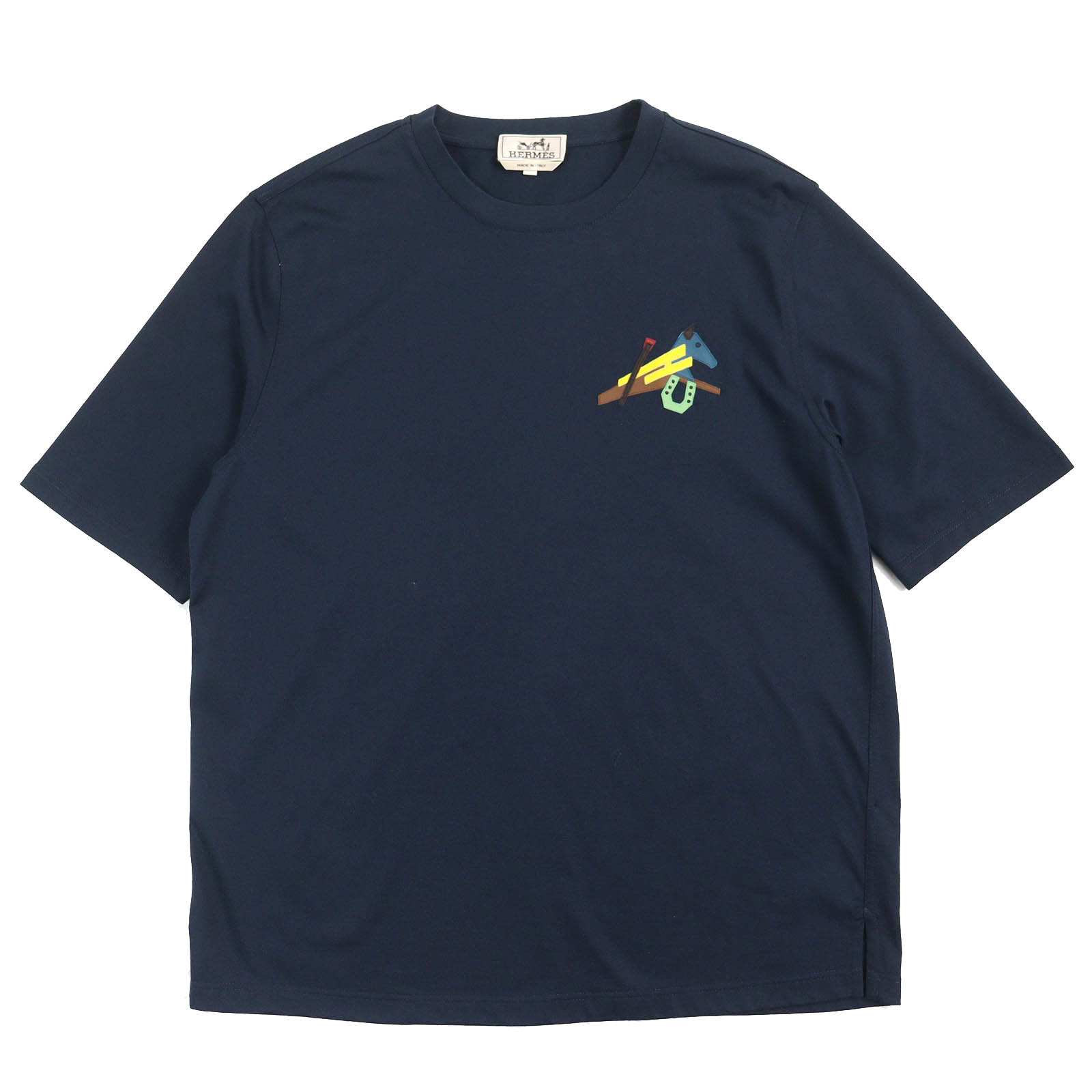 未使用品△HERMES エルメス 22SS パズル・エスケトル コットン100％ ラムレザーパッチ クルーネック 半袖Tシャツ ネイビー M イタリア製 正規品 メンズ オススメ◎【中古】