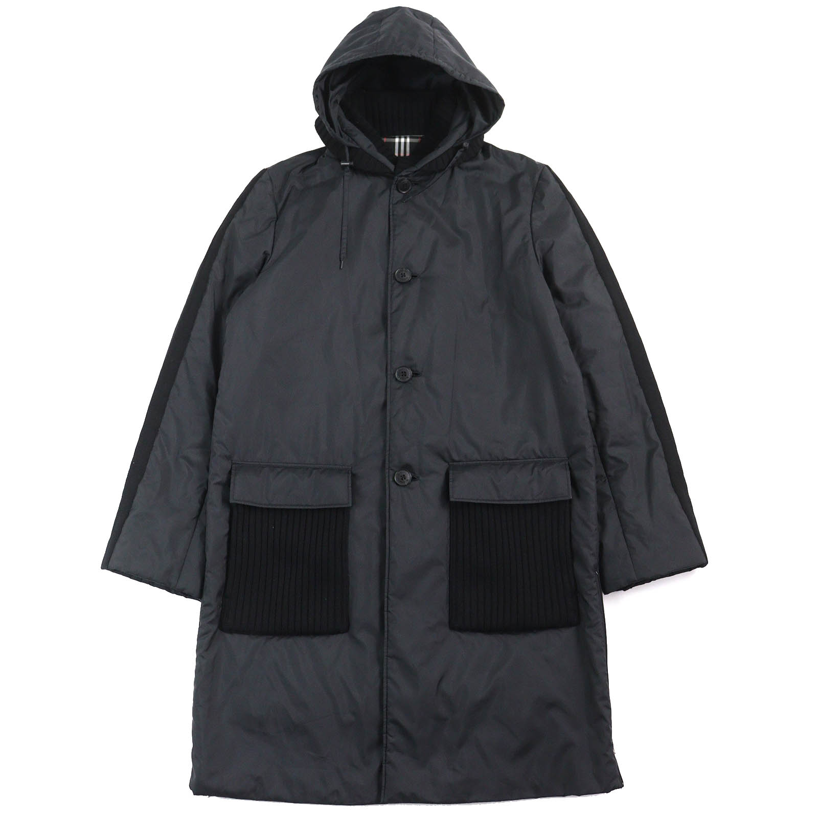 美品△BURBERRY BLACK LABEL バーバリーブラックレーベル 裏地チェック柄 ニット使い 中綿入り フーデッド ロング コート ブラック L 正規品 メンズ【中古】