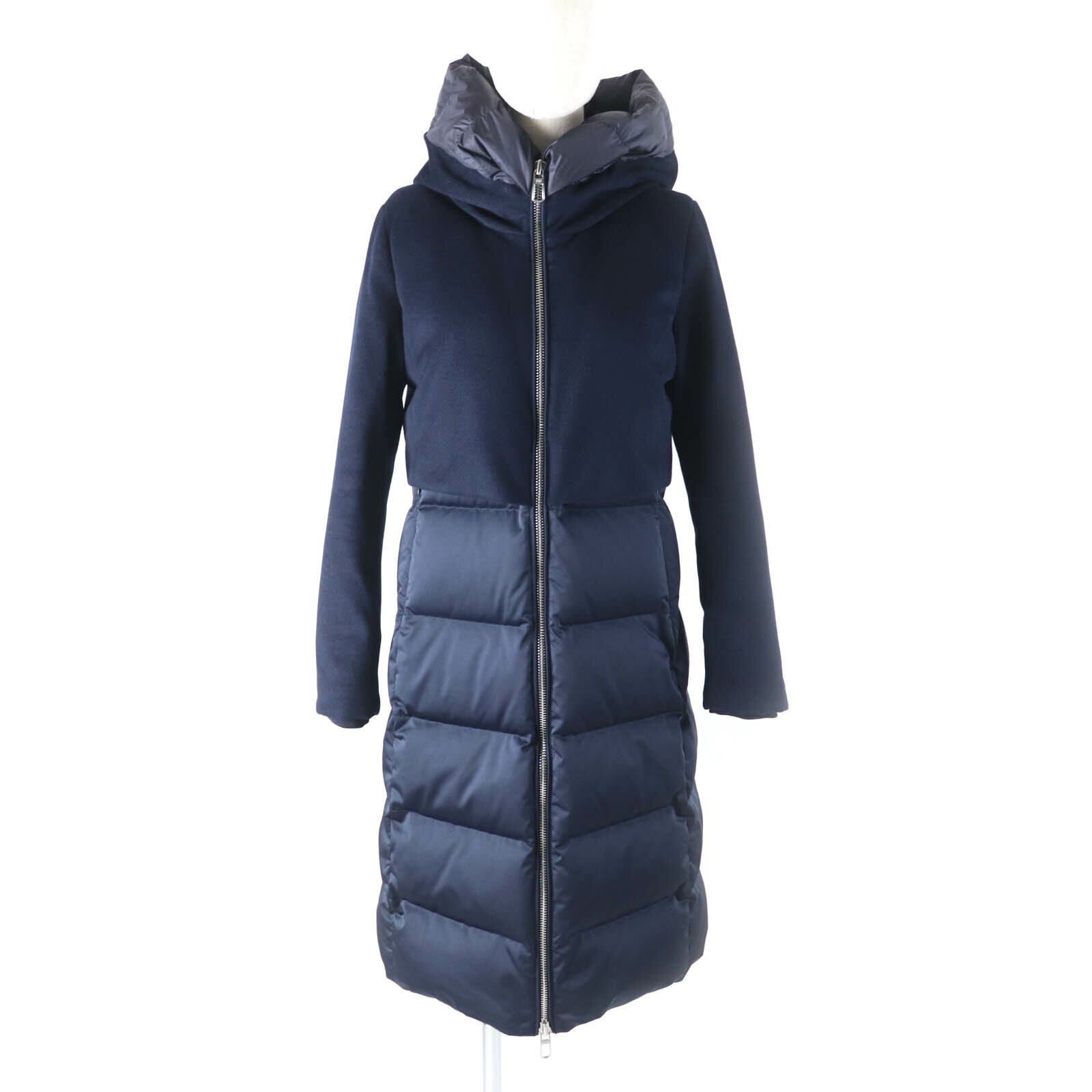 極美品★DUNO デュノ CESILE PRATO ロゴ金具付 ウール切替 ZIP UP ダウンコート ダウンジャケット アウター ネイビー 40 レディース【中古】