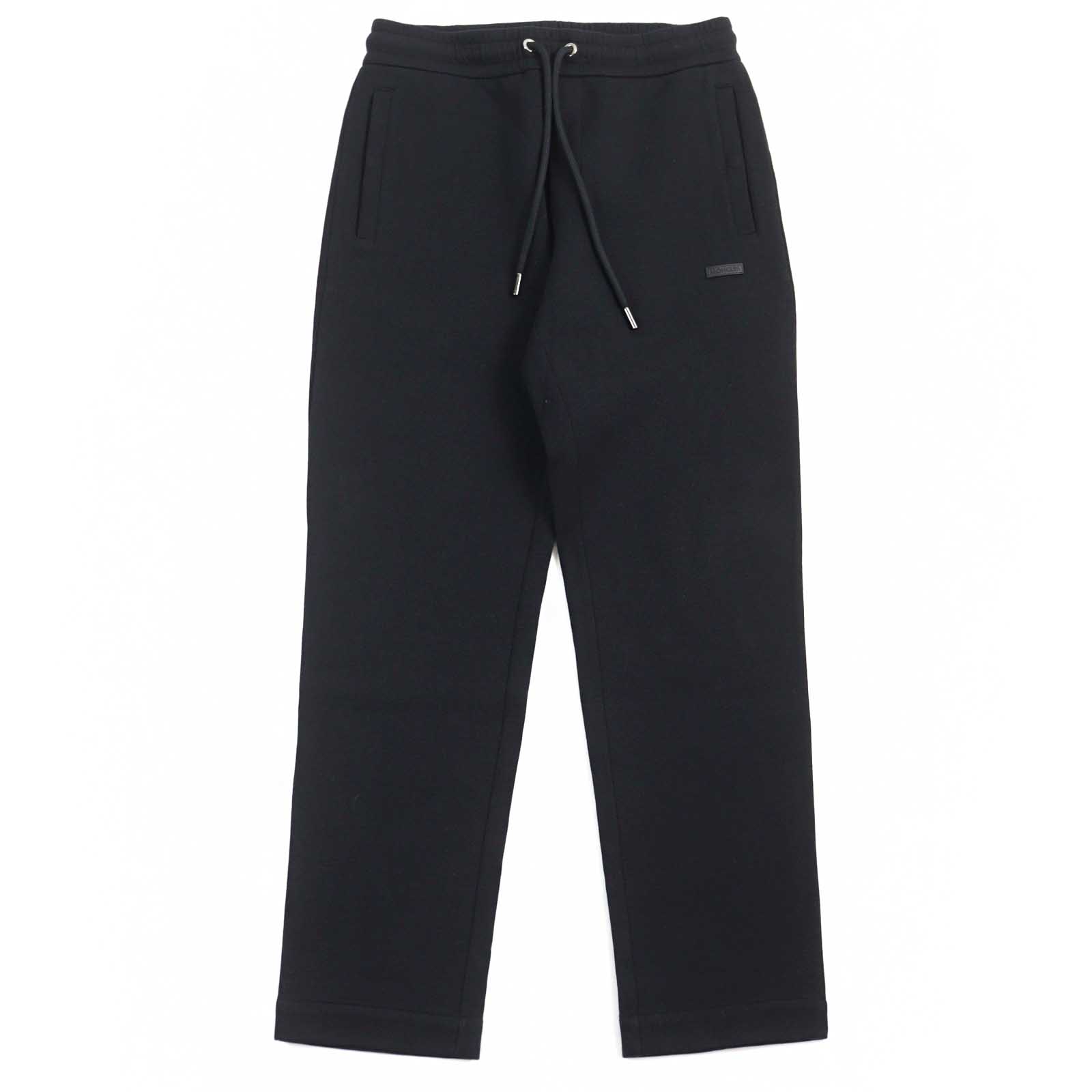 【ドンドン見直し】美品○MONCLER モンクレール 2023年製 J20918H00004 89AMD PANTALONE LUNGO コットン100% 牛革 ロゴワッペン付き ドローストリング レザー使い ネオプレン イージーパンツ スウェットパンツ ブラック XS 正規品 メンズ【中古】