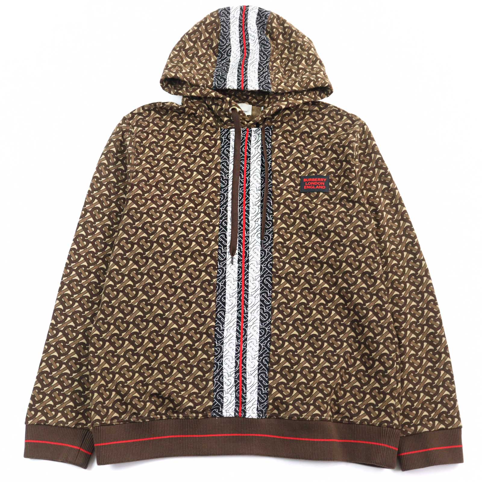 【ドンドン見直し】美品○BURBERRY バーバリー 8018241 コットン100% TBモノグラム ロゴワッペン付き プルオーバー パーカー フ―ディー ブラウン系 総柄 M 正規品 メンズ【中古】