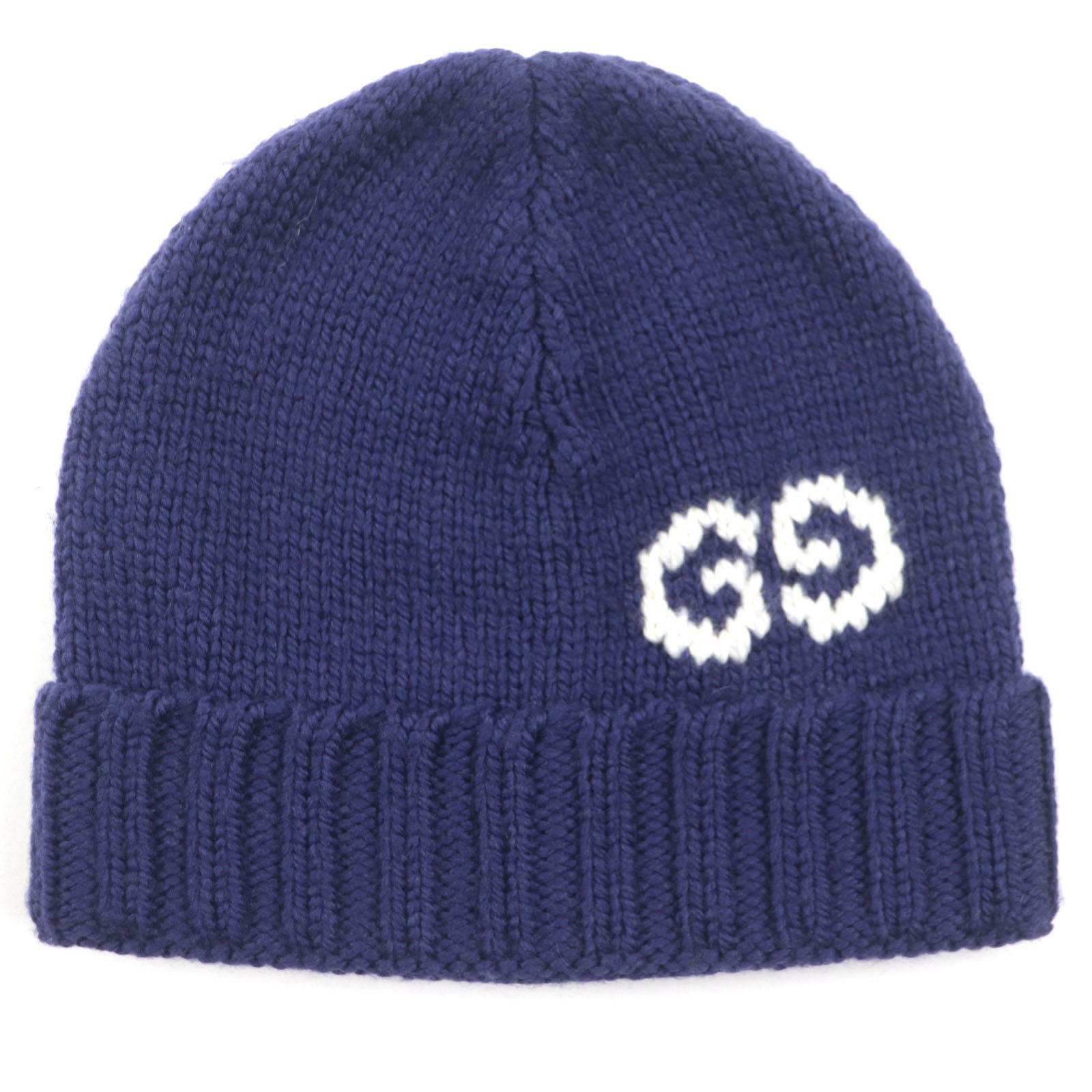 美品▼GUCCI グッチ 602886 GG LOGO KNIT BAENIE ウール100% 帽子 ニットキャップ ネイビー M (58 22cm) 保存袋付き イタリア製 正規品 メンズ【中古】
