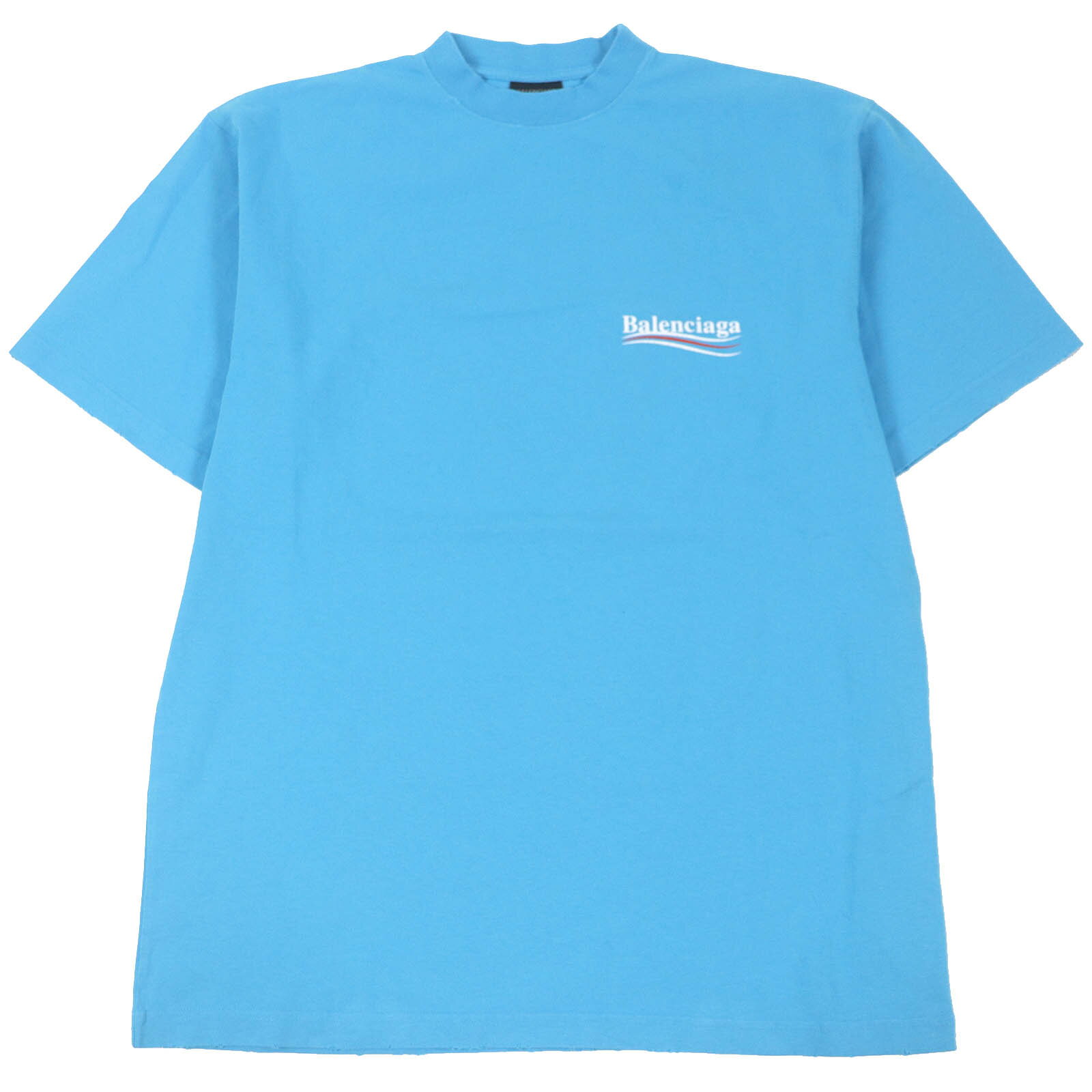 未使用品□BALENCIAGA バレンシアガ 23SS 641675 コットン100％ キャンペーンロゴ ダメージ加工 オーバーサイズ 半袖Tシャツ ブルー XXS 正規品 メンズ【中古】