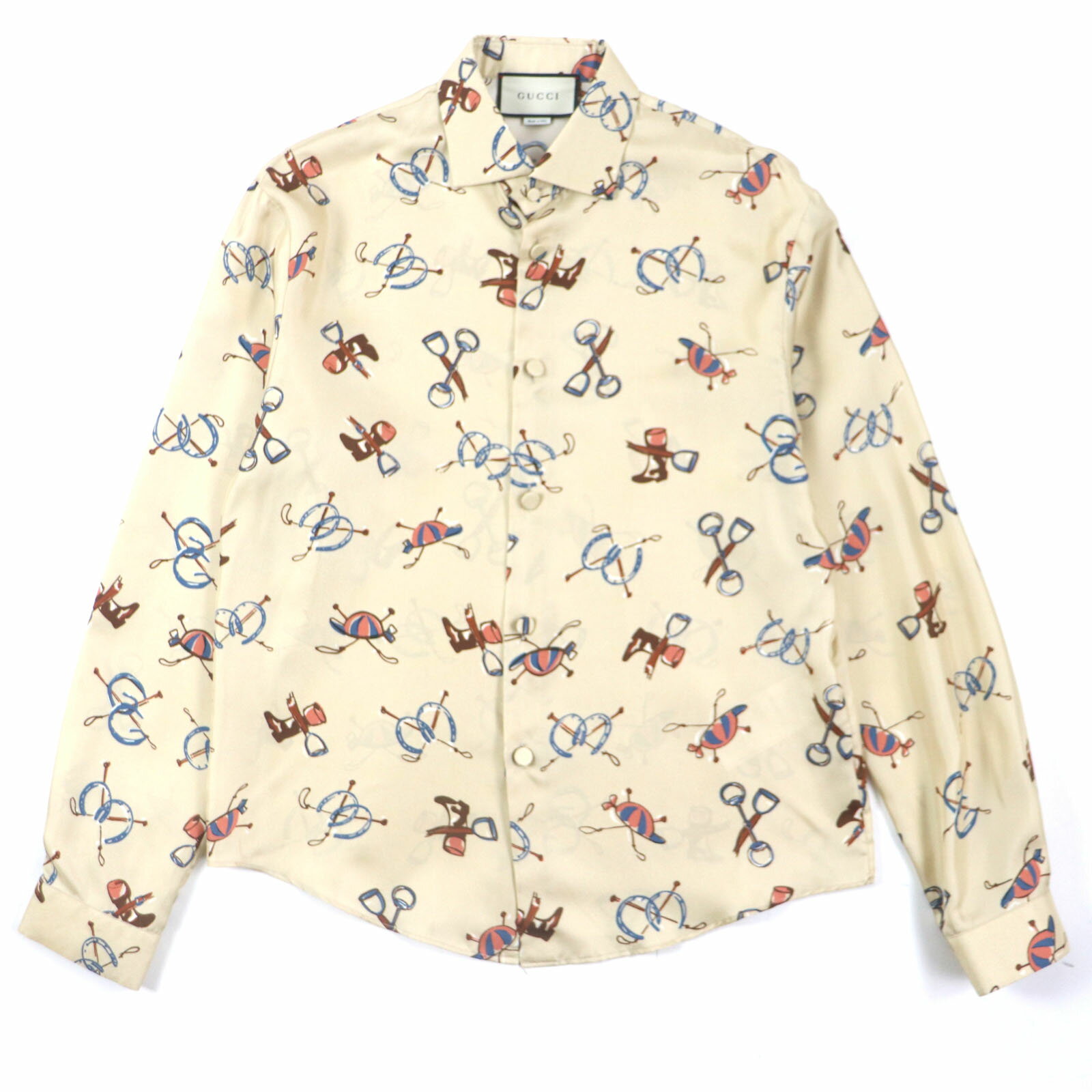 極美品▼GUCCI グッチ 586940 ZACME シルク100% 総柄 ロングスリーブ 長袖シャツ ベージュ 50 イタリア製 正規品 メンズ【中古】